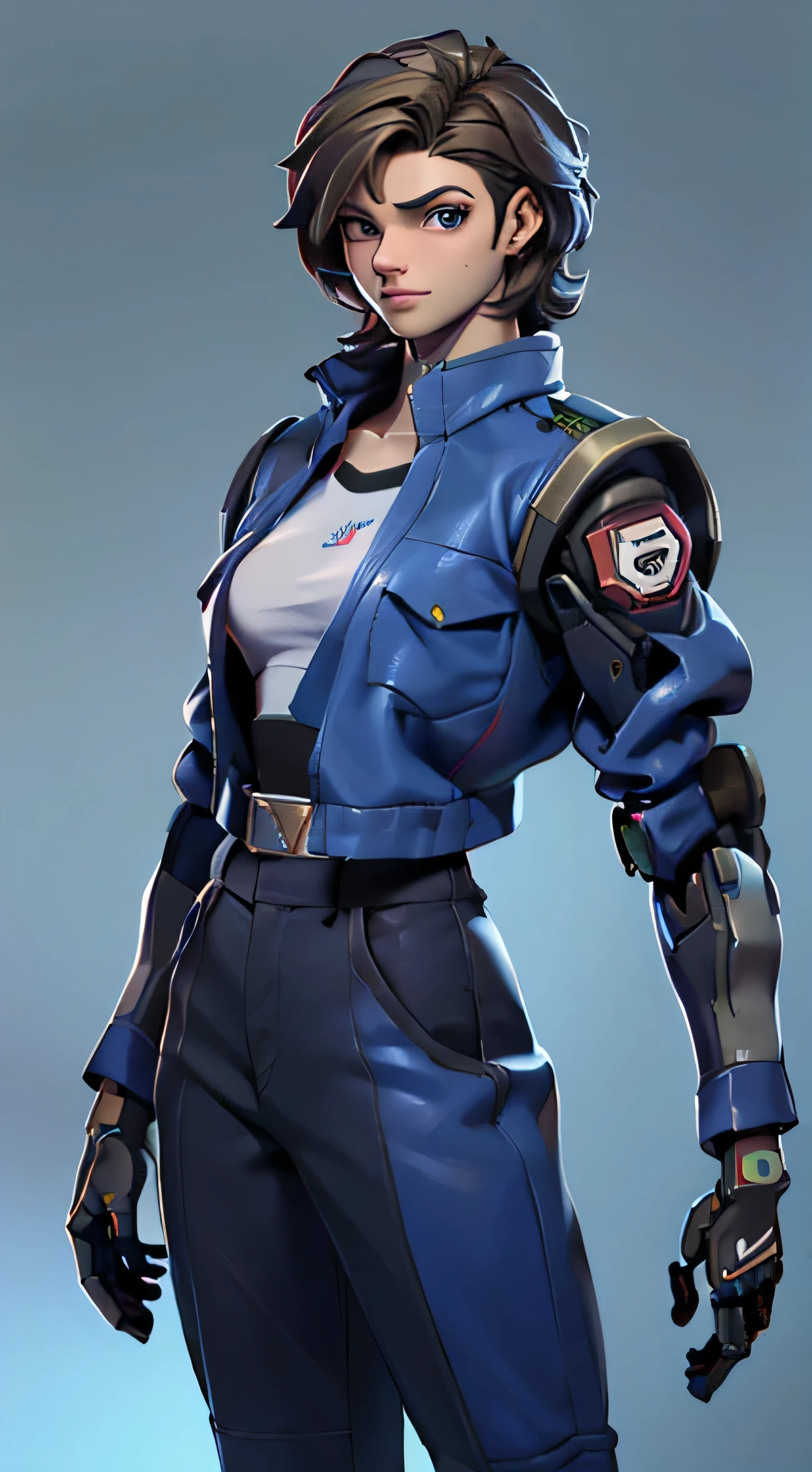 11:23(((Best quality: 1.4))),(Unbeatable masterpiece), (hyper HD),(Hyper-realistic 8k CG)、(dark colored hair)(((There are also some mecha accessories))), (((1 The strong one is coming))), The 25-year-old American soldier has a perfect figure,,Beautiful and well groomed face,heavy muscular figure:1.2,Solid royal blue jacket with details, (Pictures from head to thighs), Complex equipment, royal blue,long trousers,The clothes inside are dark,Clothes with armored metal electronic parts, Poison tattoos )