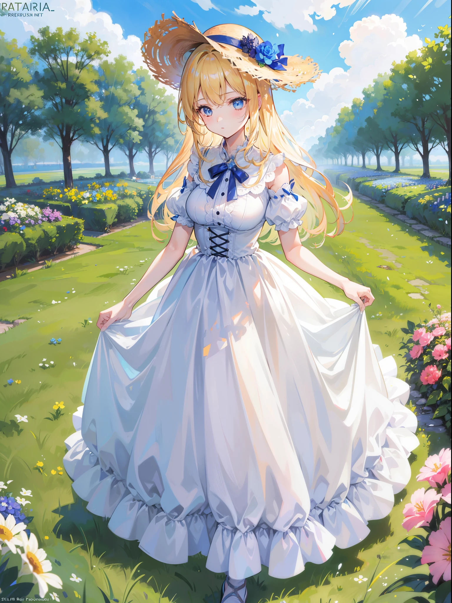 ((1girl in)),((Grown women)),(tall:1.4),((​masterpiece:1.4、top-quality)),(ultra-detailliert)+,illustratio,a closeup, straight-on,Summer Wallpapers, 1 Girl wearing a straw hat, long golden hair, White long dress, tussock, There are few flowers, Large clouds, Blue sky, Hot weather, HD Detail, Moist Watermark, Ultra Detail, movie, Hyper-Realism, Soft light, Deep focus bokeh, Ray tracing, and Hyper-Realism. --v6