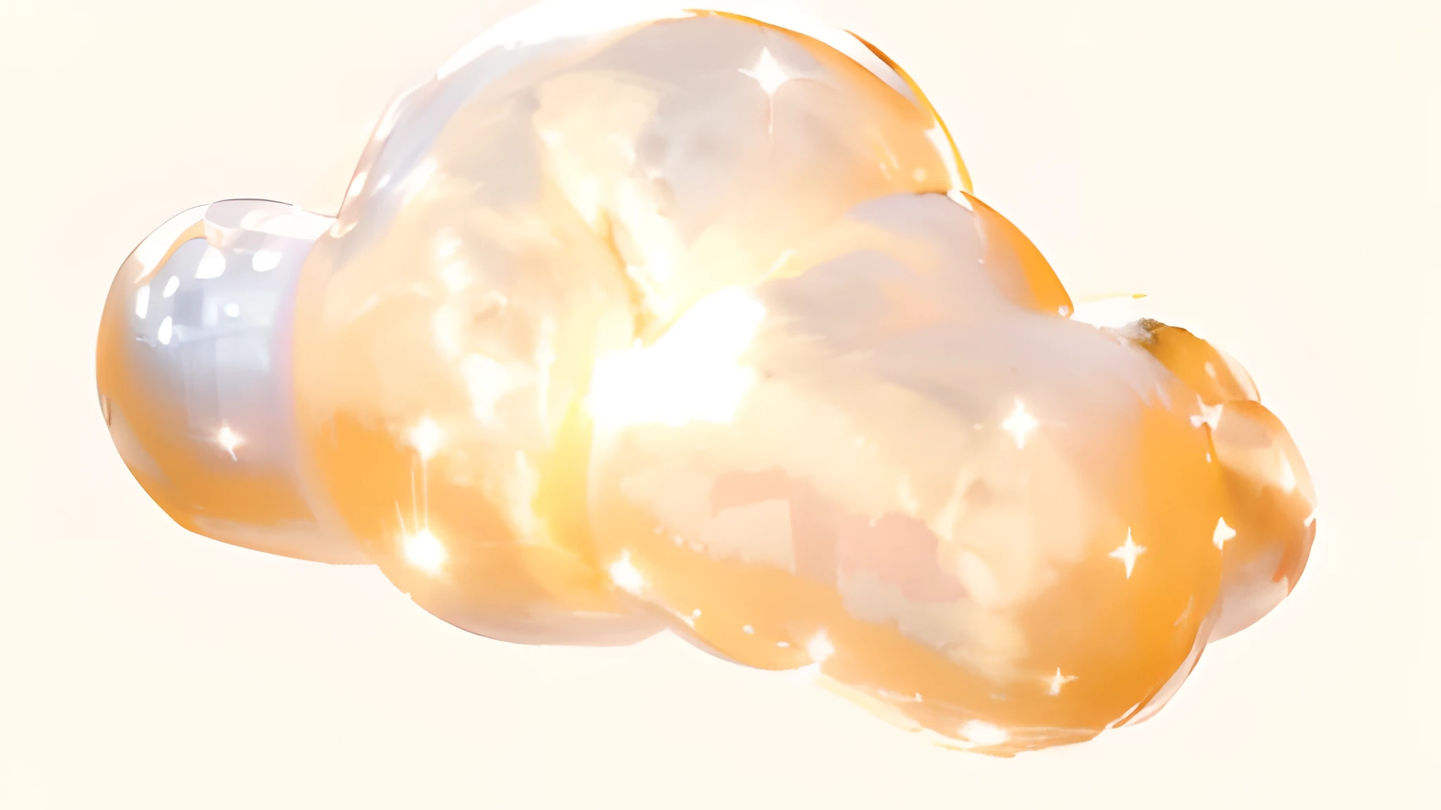 a round cloud , light orange and gold style , white backgrounid , fantasy hologram, Millennium bug, Transparent three-dimensional glass, metallic luster, chrome reflective, 3D abstract acid sci-fi texture