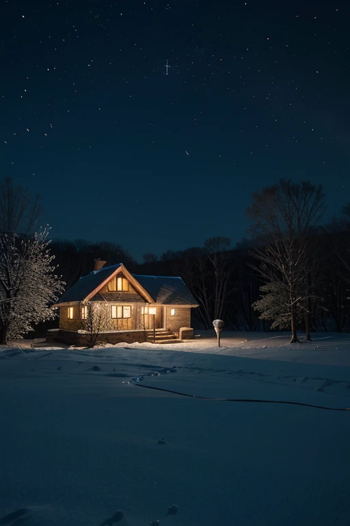 Small village house, standing on the edge of a winter forest on a starry New Year's night