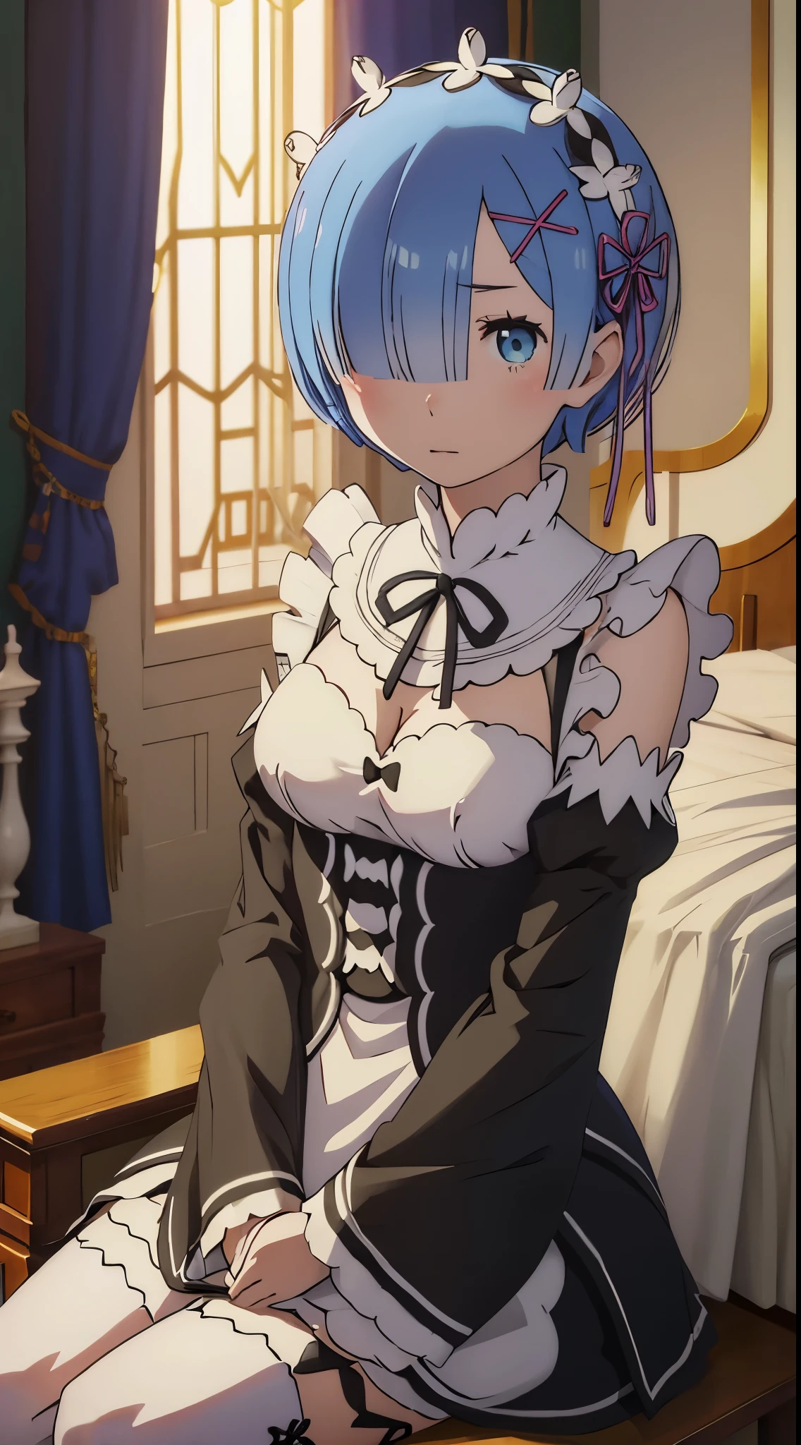 masutepiece, ベストクォReティ, highRes, ram1, 1girl in, Solo, Rem \(Re:Staynight\), Blue hair, white thighhig, Short hair, Red eyes, Hair over one eye, Reボン トReム, ヘアーReボン, X Hair Ornament, フReル, maid headdRess, Waist apron, garter strap, 黒いReボン, medium bReasts, cleavage, Long sleeves, White Apron, 首元Reボン, 紫のReボン, Wide sleeves, Hair Flower, Indoors, Sitting, crossed legs,