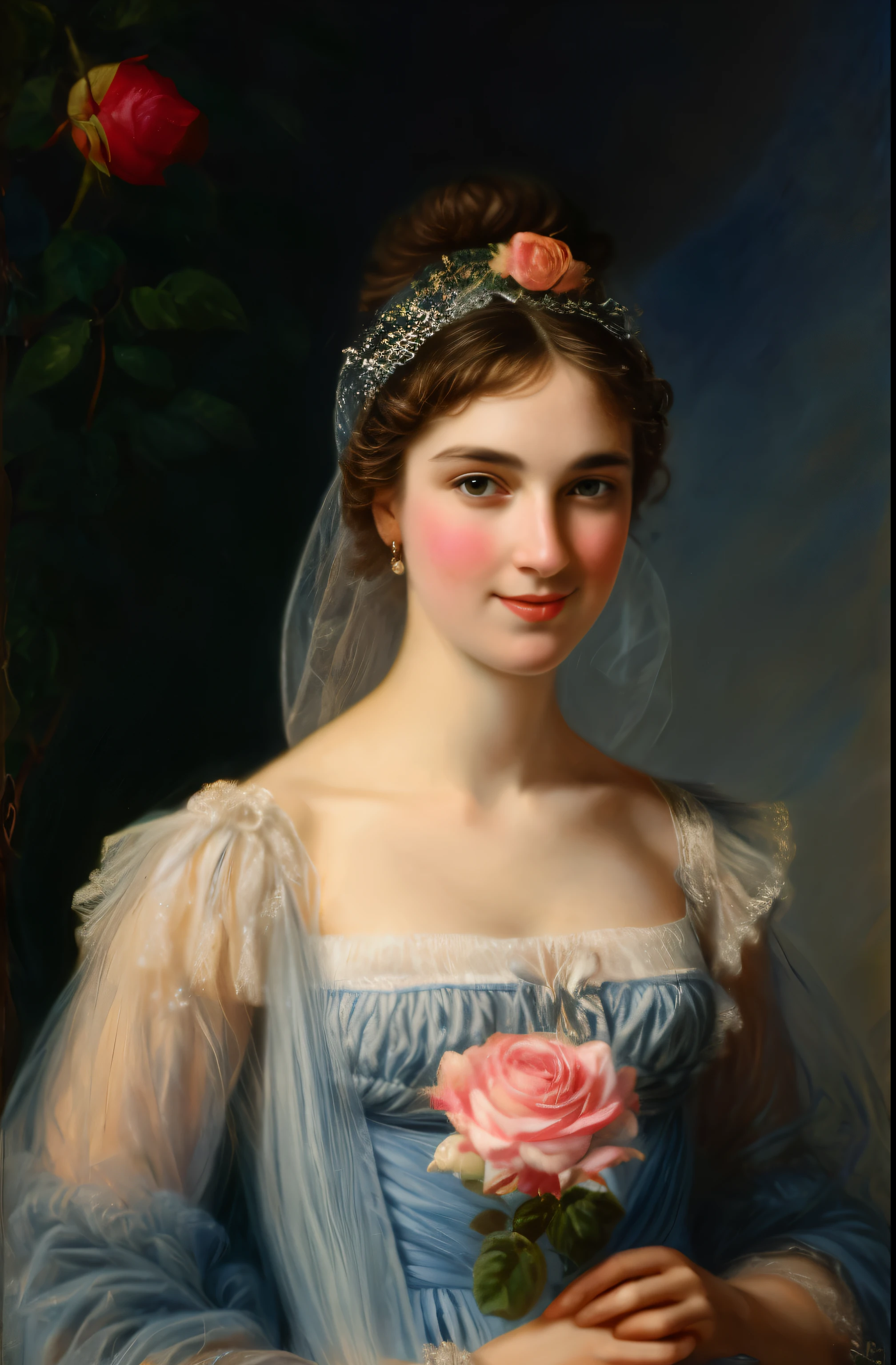 painting of a extremely gorgeous woman in a blue dress and a veil holding a rose, adelaide labille - guiard, inspired by Adélaïde Labille-Guiard, by Adélaïde Labille-Guiard, inspired by Élisabeth Vigée Le Brun, by Élisabeth Vigée Le Brun