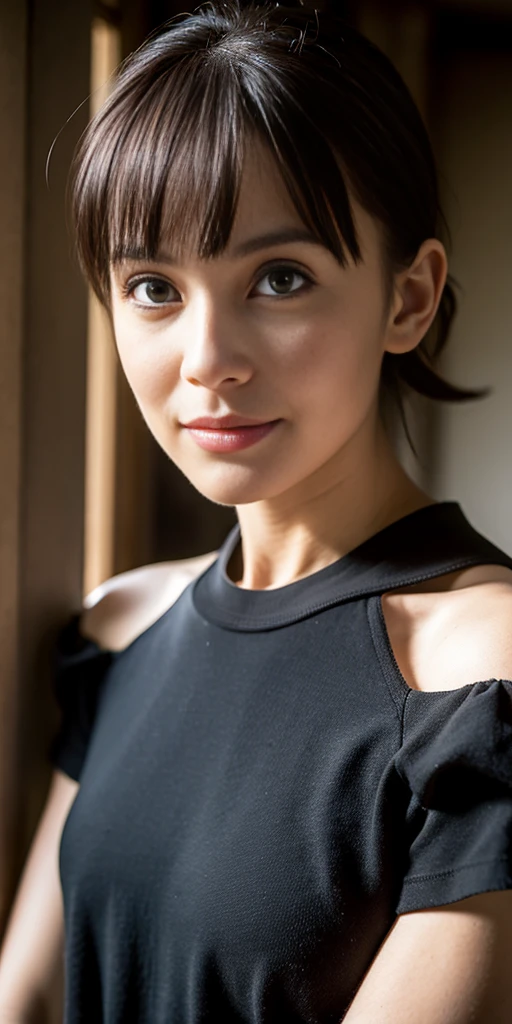 (Best quality), (masutepiece), (High resolution), (Intricate details:0.2),(professional lighting), peignoir, detailed background, T-shirt noir oversize, off shoulders, (Previous view), 1fille dans, seulement, (beau visage), corps mince, Peau fine, sourire, Les cheveux bruns de Sauvage, beaux yeux, Regarder le spectateur,