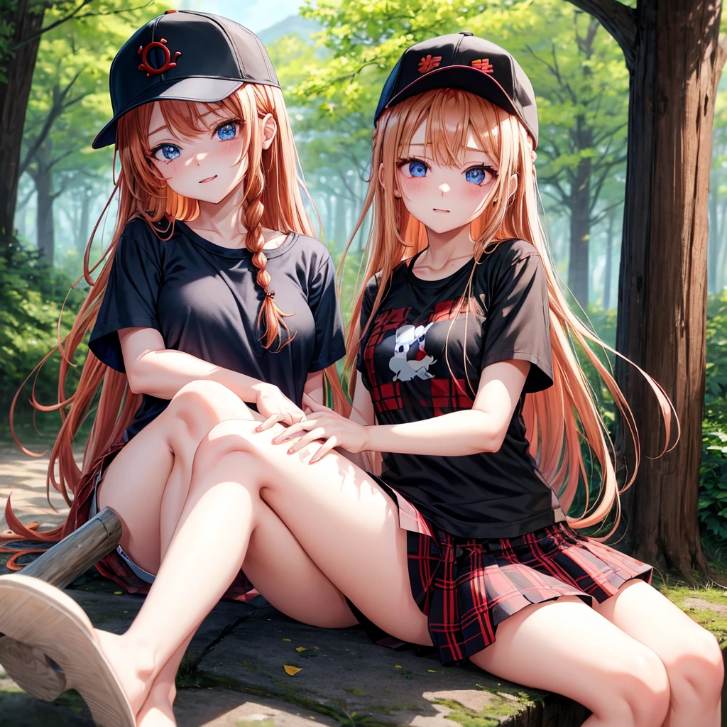 red blonde、blue eyess、Braids、one good looking girl、独奏、animesque、Plaid miniskirt、Black T-shirt、camisole、the woods、Sunlight、sitting on、Wearing a plaid baseball cap、bare-legged、Tilting your face、With a cheek cane