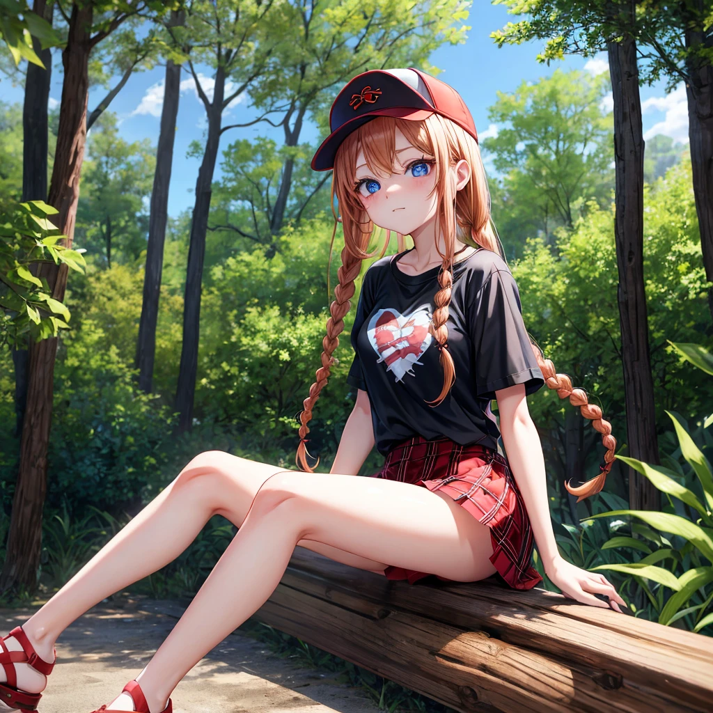 red blonde、blue eyess、Braids、one good looking girl、独奏、animesque、Plaid miniskirt、Black T-shirt、camisole、the woods、Sunlight、sitting on、Wearing a plaid baseball cap、bare-legged、Tilting your face、With a cheek cane