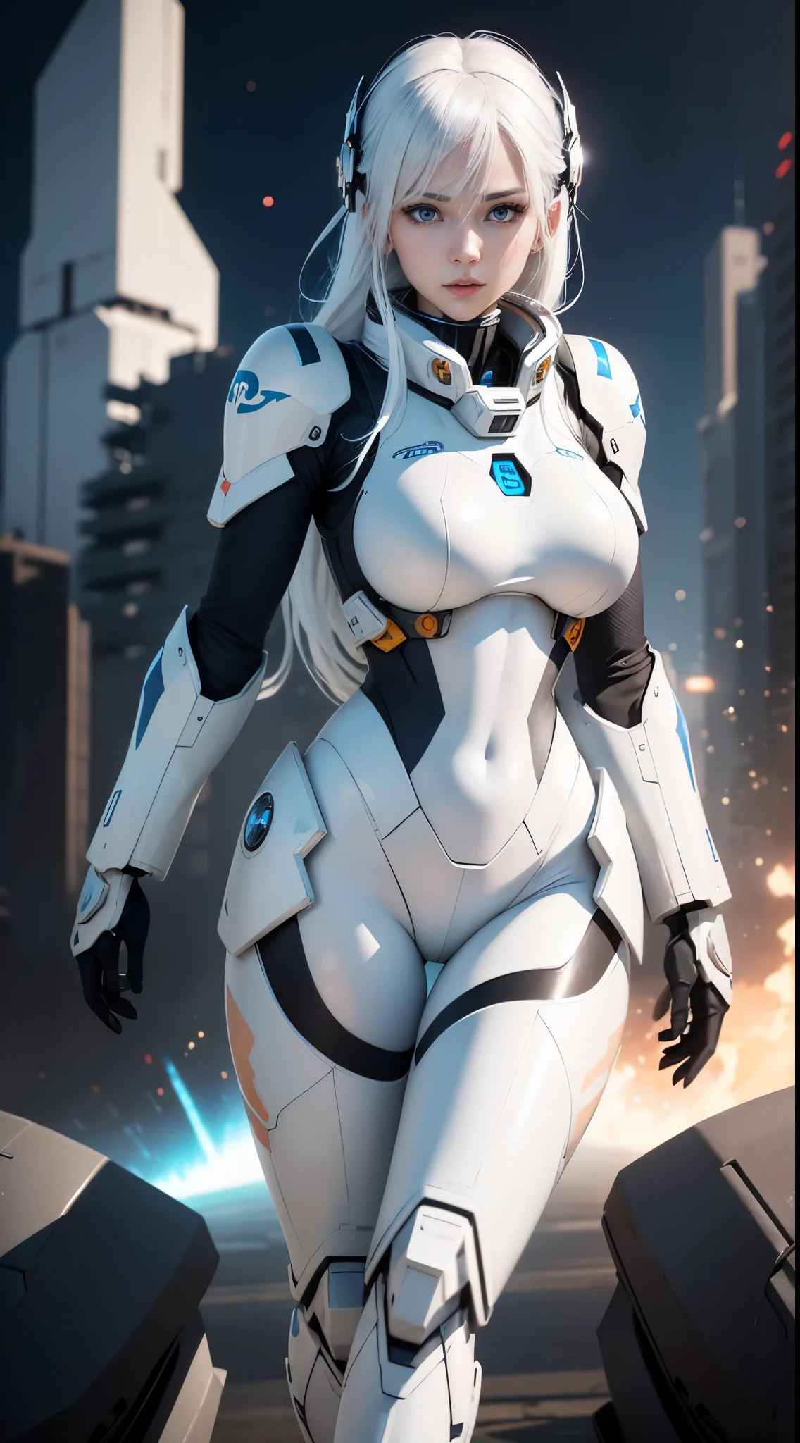 1 sexy girl, white hair, blue eyes, white skin, makeup, perfect body, wearing a mecha pilot suit (black), piloting a mecha (simulating a battle), outer space in the background, (high quality), ( 4K), (cinematic quality), (masterpiece).
