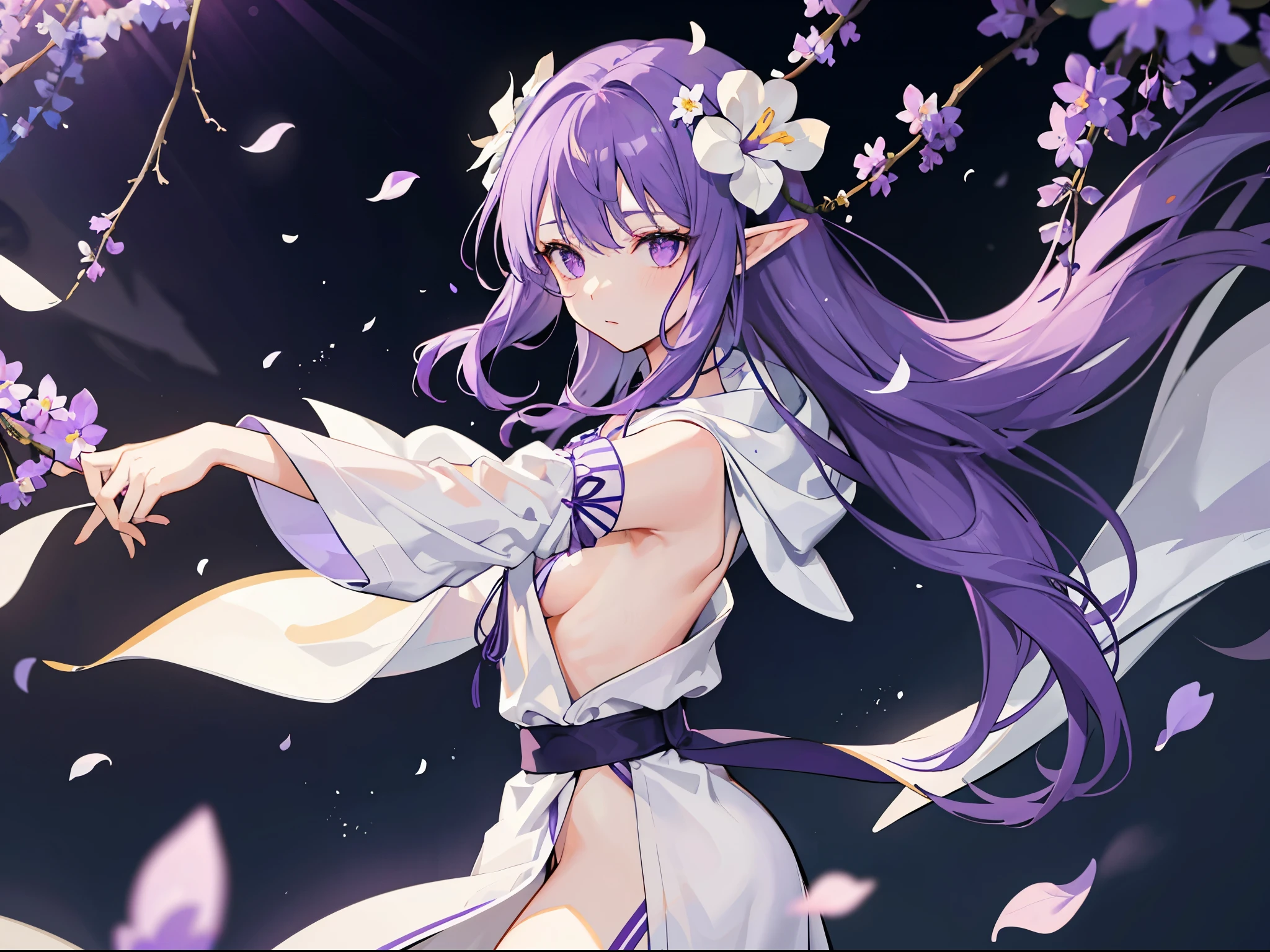 (8k, best quality, tmasterpiece:1.2),\(eye detailed\),\(Facial features\),(\(Clothes detail details\)\),(1 girl:1.3),(solo),full body,Elf,pointed ears,(purple hair:1.3),(violet eyes:1.4),a beauty girl,Small Breasts,Nipple slip from side,pale skin,(wearing the Greek style white robe:1.3).(Background of the violet flower field:1.4),(scattered purple petals:1.36)