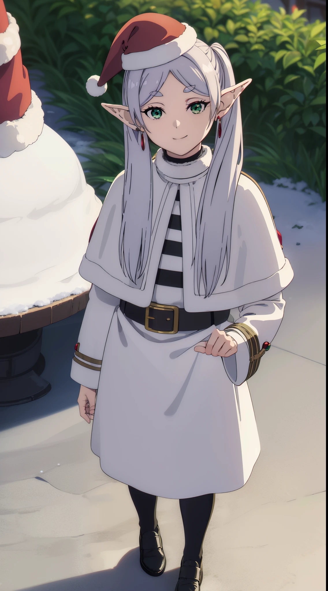 frieren, frieren, long hair, twintails, (green eyes:1.5), grey hair, pointy ears, elf,
BREAK shirt, long sleeves, jewelry, pantyhose, earrings, striped, black pantyhose, capelet, striped shirt, ((Santa red hat, Christmas hat))
BREAK looking at viewer, upper body, (full body:1.2), ((smiling)), ((seating)), ((wide open arms, open pose))
BREAK outdoors, sky, nature, ((winter town)), ((snowflakes, snowfall))
BREAK (masterpiece:1.2), best quality, high resolution, unity 8k wallpaper, (illustration:0.8), (beautiful detailed eyes:1.6), extremely detailed face, perfect lighting, extremely detailed CG, (perfect hands, perfect anatomy),