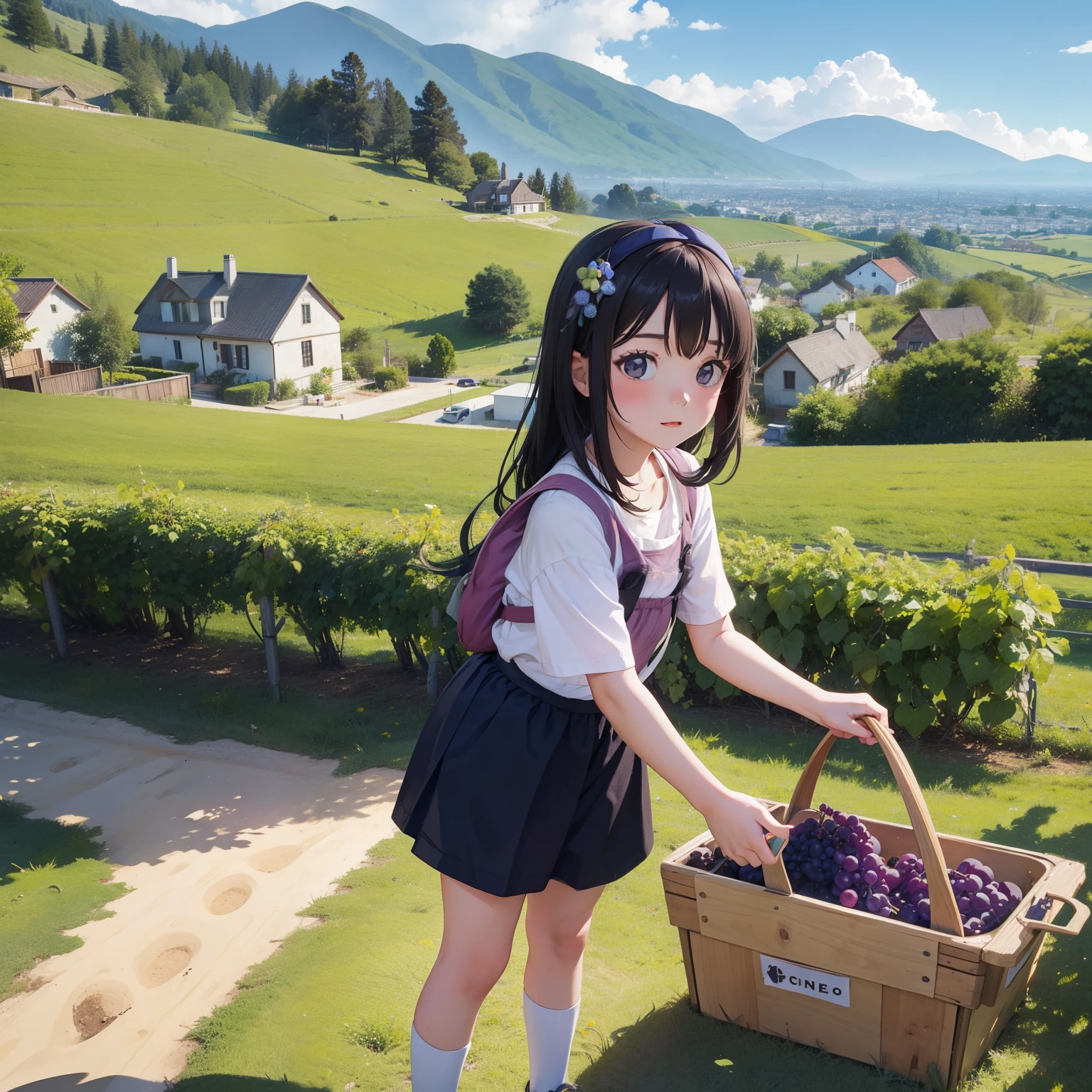 , Picking grapes in the vineyard, Far Mountain, house.