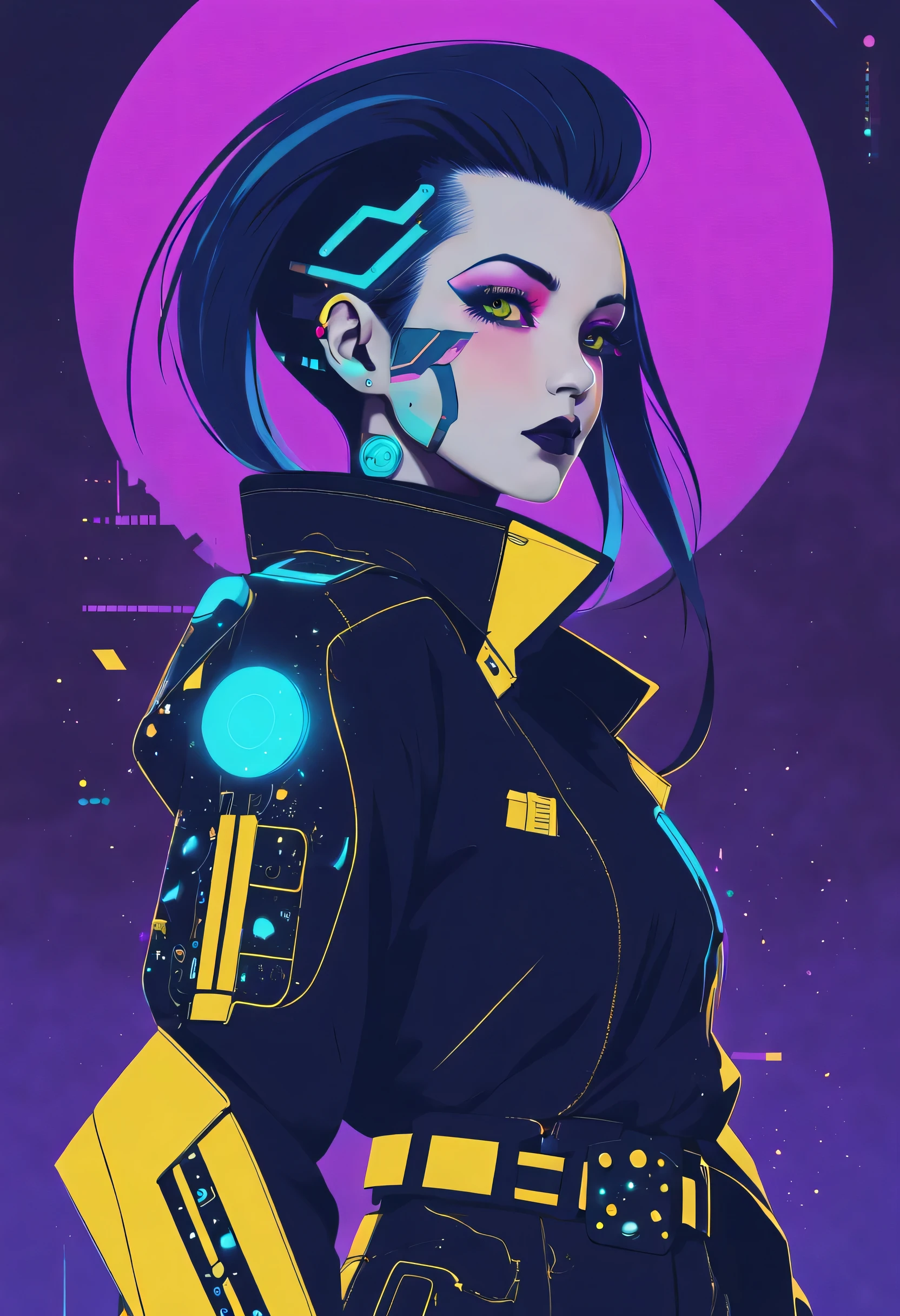 《bladerunner》filmposter:1 Lady, Starry sky and zodiac signs, Nebula-like purple hue, Vast space, cyber punk personage底部的城市, ( Background with:black and yellow Background with1.4), (RHAD:1.2), (artistic décor:1.4), (Retro-Future:1.4), (maximalist:1.4), (Clean:1.4), (Flat_colours:1.4), (cyber punk personage,Android:1.4), CCDDA art style