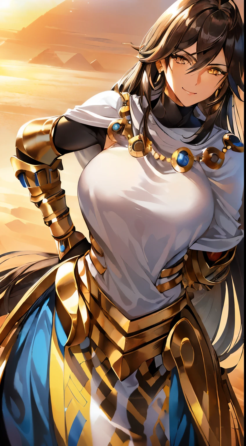 ((Masterpiece)), ((Best Quality)), (Ultra-detailed), absurdress, extremely detailed CG unity 8k wallpaper, official arts, Accurate description of shapes, (Realistic), Detailed hands, expressive eyes, upper-body, a closeup of a, 独奏, (desert, scenery, Dramatic light, illustartion:1.1), (Standing, Hand on the side, smirk:1.2), (1girl, mature female, Average Breasts, brown hair, Long hair, Yellow eyes, dark skinned female, Hair between the eyes, ahoge:1.4), (Ozymandias - Third Scene, white capelet, earings, Jewelry, black gloves, Golden Gloves, Waist fowl, arm guards, egyptian clothes:1.3), , ((Masterpiece)), absurdress, HDR, Arjuna (fate)