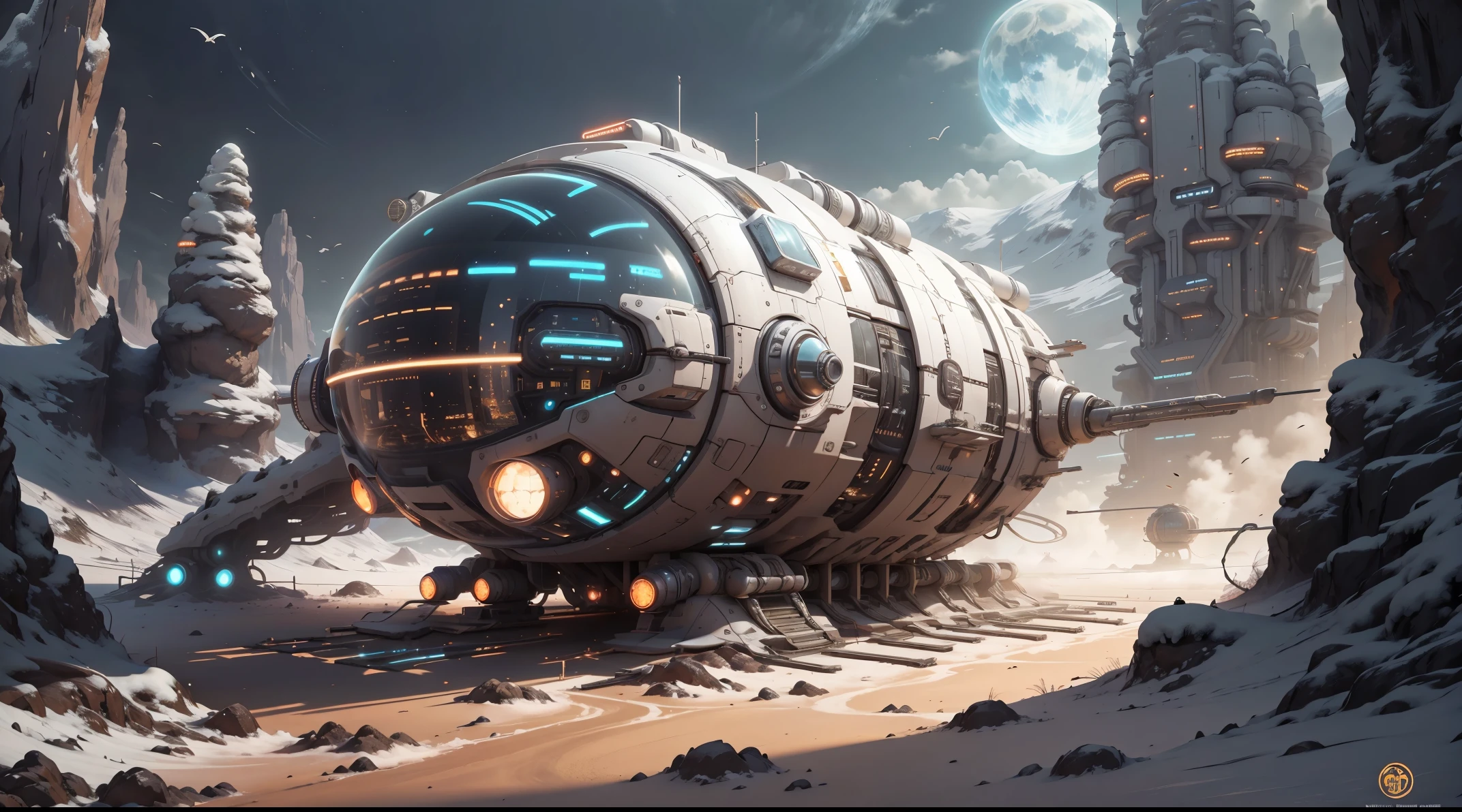 concept-art, Best quality，tmasterpiece，超高分辨率，Shoot real：1.4， ultra - detailed，[A futuristic(Moonpunk AI:RV),Colorful LED lights,Smooth curves,(streamlined line design)]。comfortably, bivouac, vibrant with colors, Reflectors,Surrounded by nature,lush scenery。