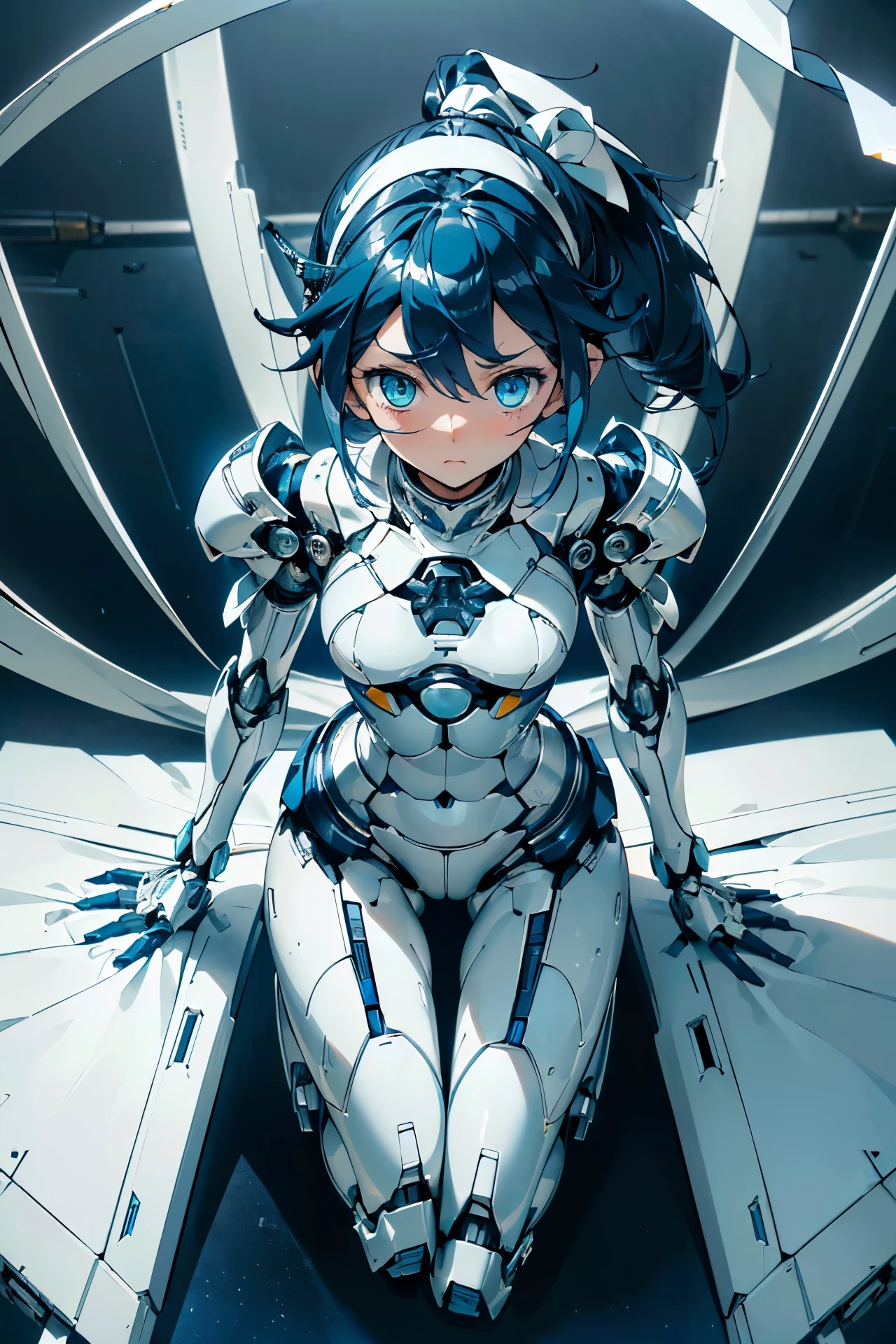 (((masterpiece))), (((Best Quality))), (((high quality))), (((beautiful))), (((8K))), (((highres))), (((absurdres))), (((exquisite))), (((Ultra high definition))), (((High resolution))), Girl Robot, (loli:1.4), (Gamine:1.5), (small breasts:1.4), (very detailed mechanics:1.4), (Highly detailed eye depiction:1.4), (Streamlined body based on pure white1.4), White and navy blue pilot suit, White and navy blue tight-fitting clothing, White and navy blue shoulder cover clothes, White and navy blue shiny clothes, navy blue tight fit pants, White and navy blue thigh cover pants, (Super drooping eyes:1.4), (Machine body:1.4), (Mechanical joints:1.4), (Complex machinery visible through joints:1.4), (Dark blue hair ponytail:1.4), (A long pure white cloth ribbon waving in the wind tied into her hair.:1.4), mecha musume, Mechanical parts, Robot joints, Headgear, (worried look:1.4), (learning forword:1.4), (looking up:1.3), (from above:1.3), (Get on your knees:1.4), (on the beds:1.4), (cowboy shot:1.4)