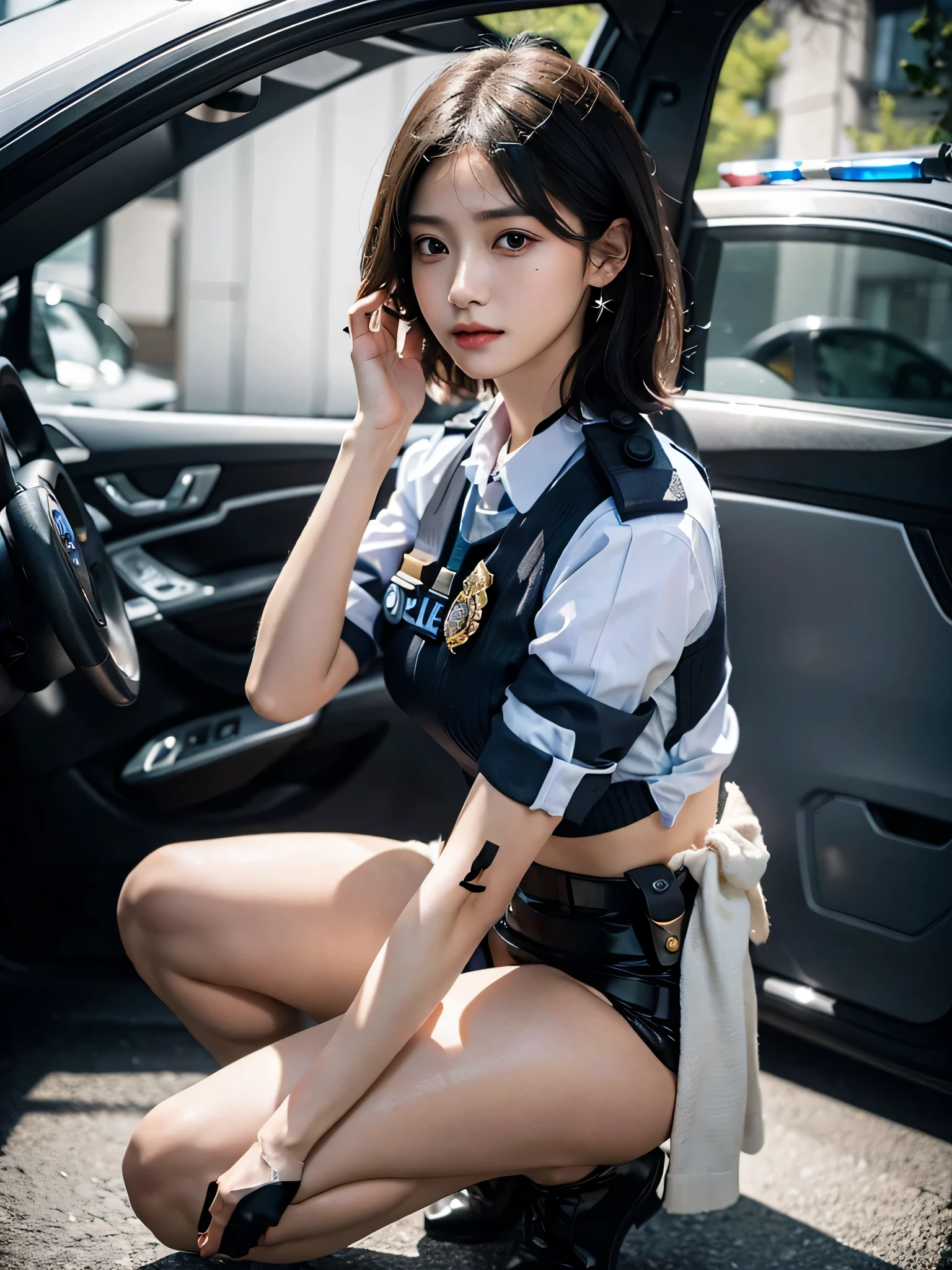 absurderes, Raw photo, Extremely delicate and beautiful, masutepiece, Best Quality, Ultra High Resolution, 16 K, hyper realisitic, Ultra-detailed, Perfect Anatomy, Ultra-detailed細なスキン, Perfect figure, Very detailed CG 8k wallpaper, in her 20s, Very slim body, Narrow waist, Very small head, Very small face, Very detailed face, Very detailed eyes, tear moles, Earring, thin legs, ((very massive round chest)), Girls, ((Full body shot)), Short hair, Wavy Hair, bright white hair, ((((police officer uniform)))),