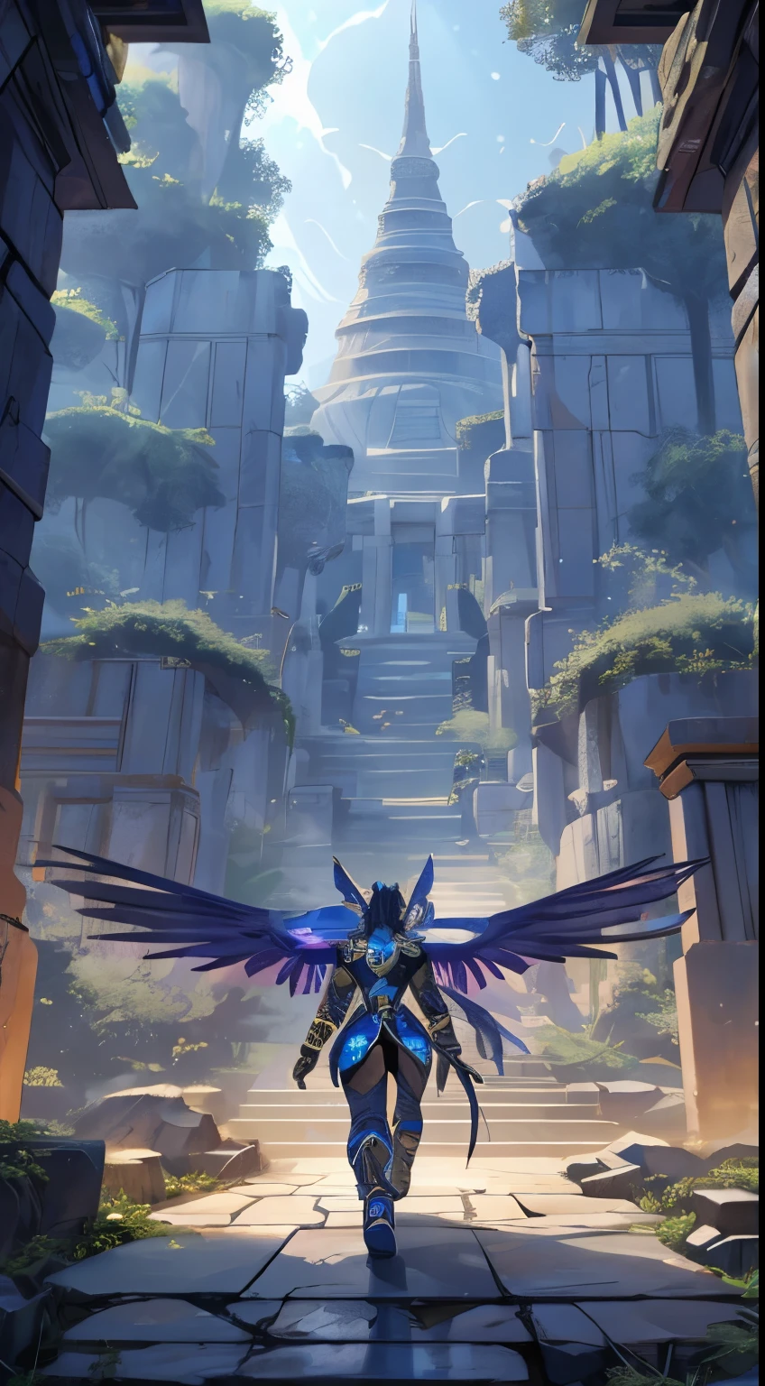 Celestial Nāgas with cyber enhancements glide amid ancient ruins and futuristic skyscrapers. Garudas soar with aerodynamic-tech wings, leaving trails of light. Rakshasas brandish energy weapons in ancient temples. Vanaras with nano-fur explore primal forests and holographic interfaces. A seamless blend of 1197 BC mystique and 2050 technology unfolds in a surreal, harmonious tapestry.