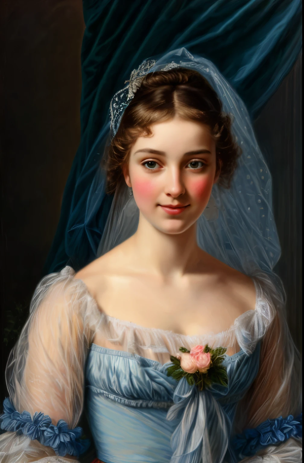 painting of a extremely gorgeous woman in a blue dress and a veil holding a rose, adelaide labille - guiard, inspired by Adélaïde Labille-Guiard, by Adélaïde Labille-Guiard, inspired by Élisabeth Vigée Le Brun, by Élisabeth Vigée Le Brun