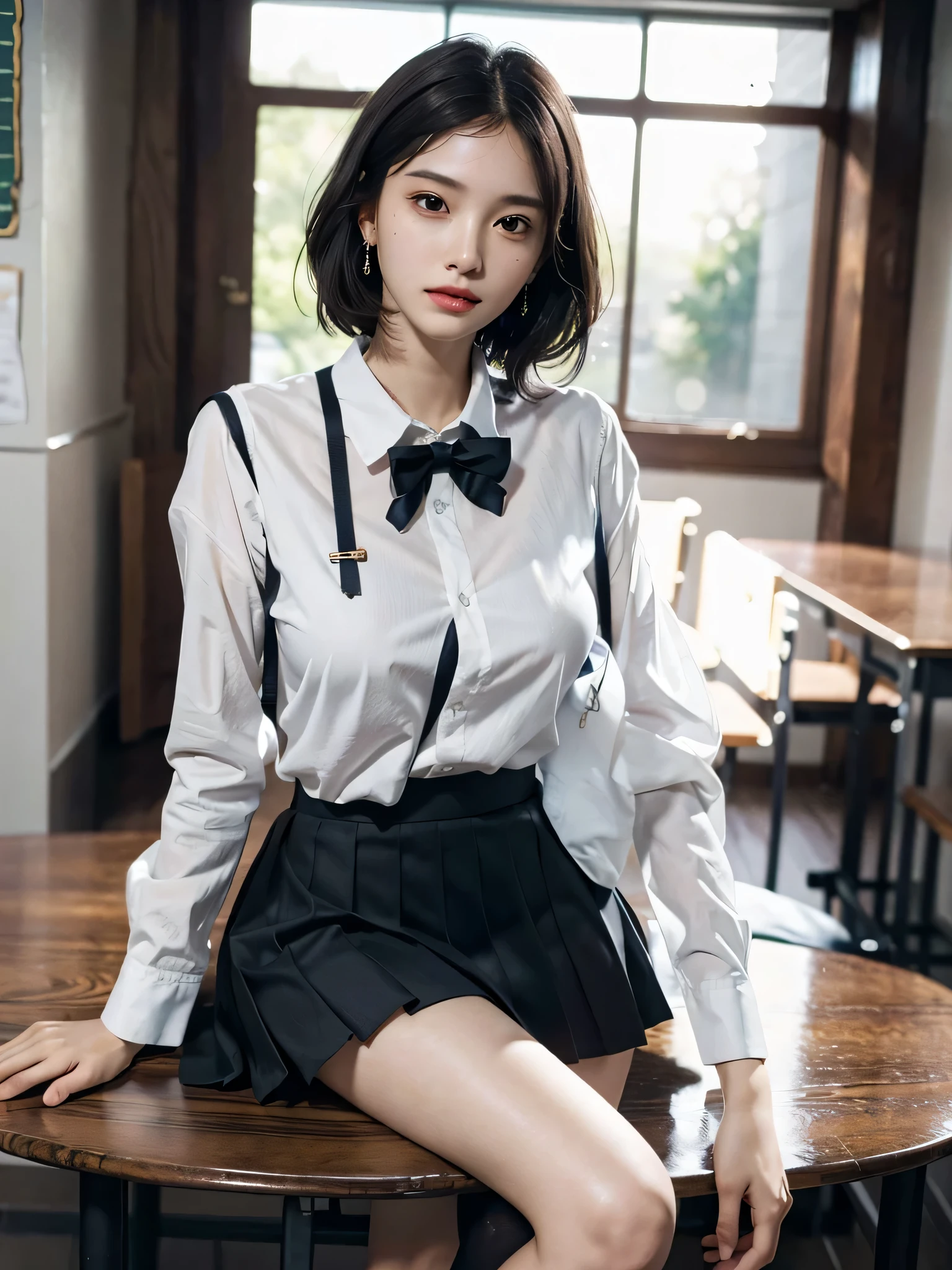 absurderes, Raw photo, Extremely delicate and beautiful, masutepiece, Best Quality, Ultra High Resolution, 16 K, hyper realisitic, Ultra-detailed, Perfect Anatomy, Ultra-detailed細なスキン, Perfect figure, Very detailed CG 8k wallpaper, in her 20s, Very slim body, Narrow waist, Very small head, Very small face, Very detailed face, Very detailed eyes, tear moles, Earring, thin legs, ((very massive round chest)), bright white hair, Girls, ((Full body shot)), Short hair, Wavy Hair, ((School uniform)), Blazer, Skirt,