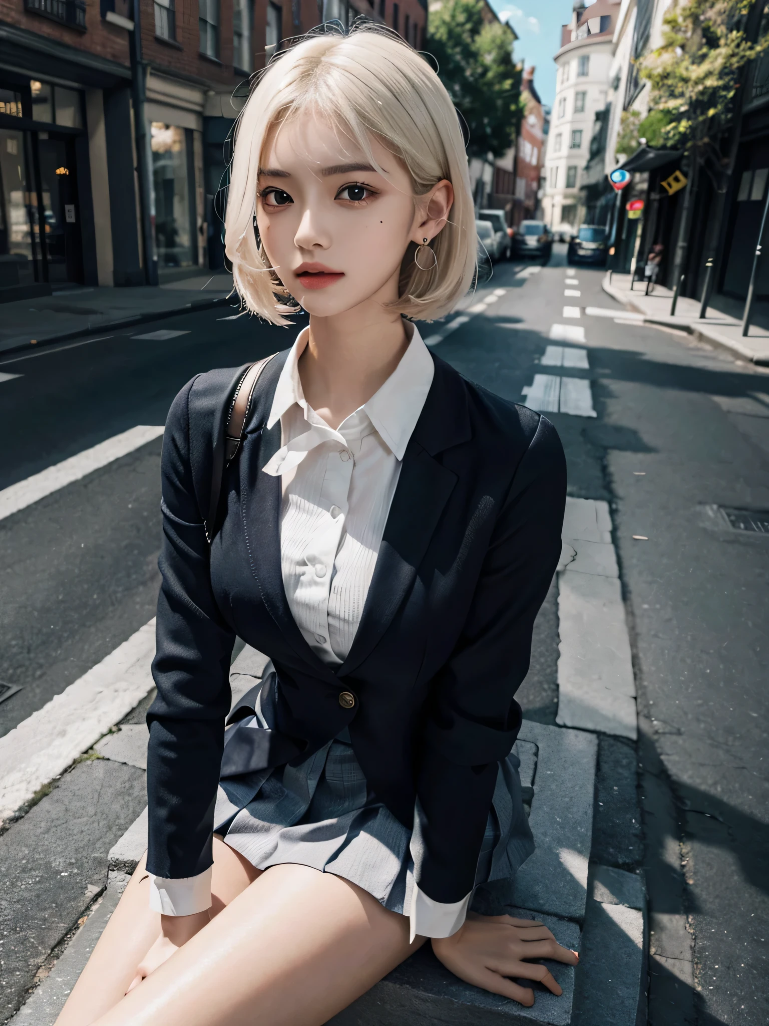 absurderes, Raw photo, Extremely delicate and beautiful, masutepiece, Best Quality, Ultra High Resolution, 16 K, hyper realisitic, Ultra-detailed, Perfect Anatomy, Ultra-detailed細なスキン, Perfect figure, Very detailed CG 8k wallpaper, in her 20s, Very slim body, Narrow waist, Very small head, Very small face, Very detailed face, Very detailed eyes, tear moles, Earring, thin legs, ((very massive round chest)), light_white_hair, Girls, ((Full body shot)), short hair, wavy hair, ((School uniform)), Blazer, Skirt,