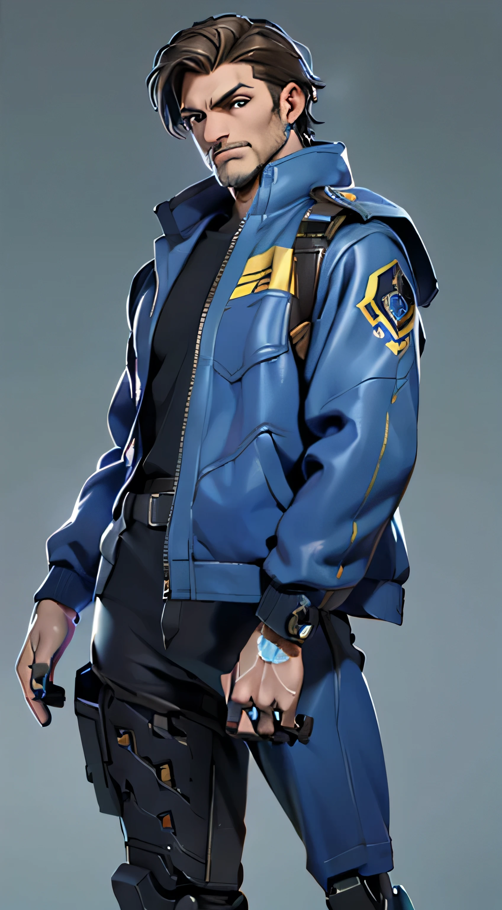 11:23(((Best quality: 1.4))),(Unbeatable masterpiece), (hyper HD),(Hyper-realistic 8k CG)、(dark colored hair)(((There are also some mecha accessories))), (((strong, middle aged man))), (((Clear face))),The 45-year-old American soldier has a perfect figure,Clear face,heavy muscular figure:1.2,Solid royal blue jacket with details, (Pictures from head to thighs), Complex equipment, ellegance,long trousers,The clothes inside are dark,Clothes with armored metal electronic parts, Poison tattoos )
