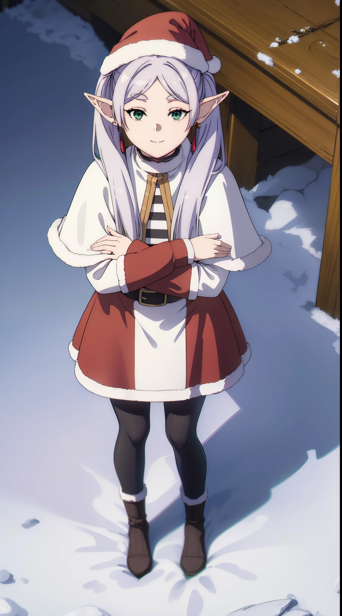 frieren, frieren, long hair, twintails, (green eyes:1.5), grey hair, pointy ears, elf,
BREAK shirt, long sleeves, jewelry, pantyhose, earrings, striped, black pantyhose, capelet, striped shirt, ((Santa red hat, Christmas hat))
BREAK looking at viewer, upper body, (full body:1.2), ((smiling)), ((seating)), ((wide open arms, hug pose))
BREAK outdoors, sky, nature, ((winter town)), ((snowflakes, snowfall))
BREAK (masterpiece:1.2), best quality, high resolution, unity 8k wallpaper, (illustration:0.8), (beautiful detailed eyes:1.6), extremely detailed face, perfect lighting, extremely detailed CG, (perfect hands, perfect anatomy),