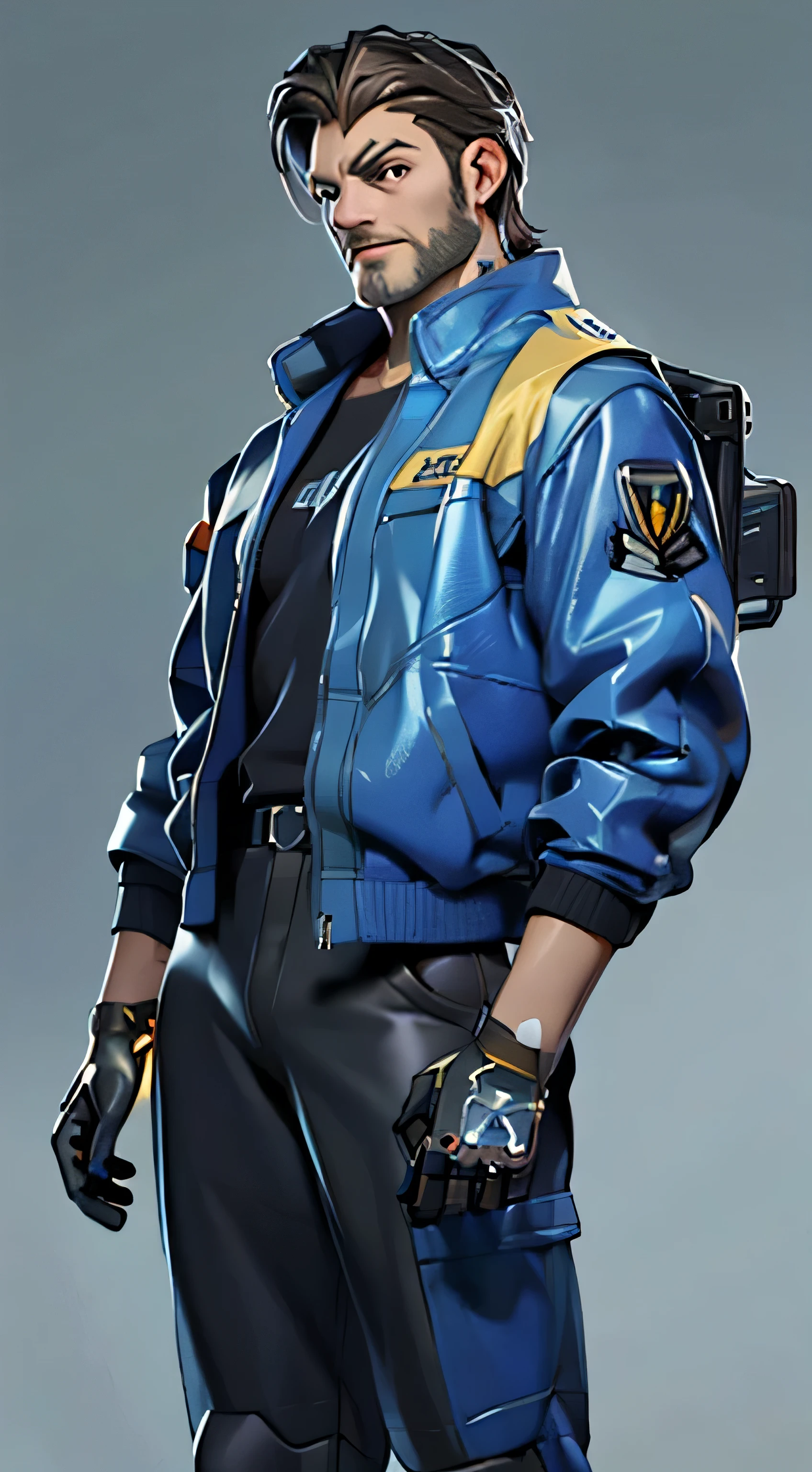 11:23(((Best quality: 1.4))),(Unbeatable masterpiece), (hyper HD),(Hyper-realistic 8k CG)、(dark colored hair)(((There are also some mecha accessories))), (((strong, middle aged man))), (((Clear face))),The 45-year-old American soldier has a perfect figure,Clear face,heavy muscular figure:1.2,Solid royal blue jacket with details, (Pictures from head to thighs), Complex equipment, ellegance,long trousers,The clothes inside are dark,Clothes with armored metal electronic parts, Poison tattoos )