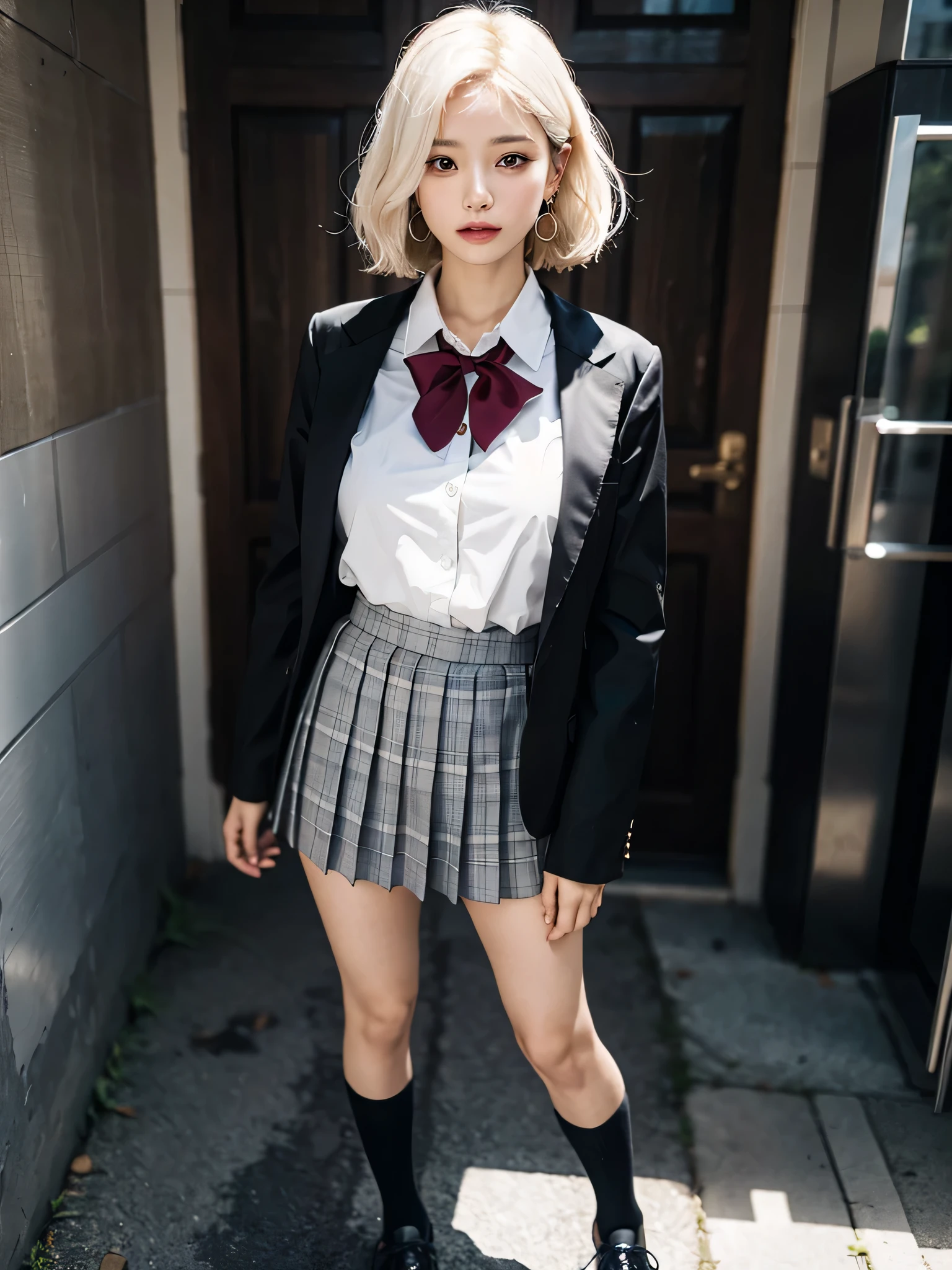 absurderes, Raw photo, Extremely delicate and beautiful, masutepiece, Best Quality, Ultra High Resolution, 16 K, hyper realisitic, Ultra-detailed, Perfect Anatomy, Ultra-detailed細なスキン, Perfect figure, Very detailed CG 8k wallpaper, in her 20s, Very slim body, Narrow waist, Very small head, Very small face, Very detailed face, Very detailed eyes, tear moles, Earring, thin legs, ((very massive round chest)), bright white hair, Blake Girls, ((Full body shot)), Short hair, Wavy Hair, ((School uniform)), Blazer, Skirt,
