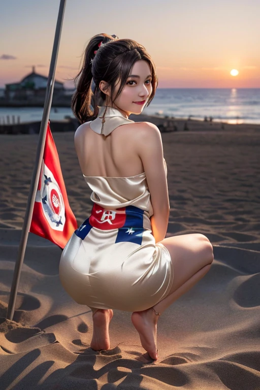 masutepiece, Best Quality, 23years old,Ultra-detailed, finely detail, hight resolution, 8K Wallpaper, Perfect dynamic composition, Natural Color Lip,(She is wearing a short dress with the flag pattern of the Empire of Japan.。.:1.5),(Ponytail:1.3),drawn action: (Girl is squatting,barefoot on the sand 1.3),,(Silk Empire of Japan flag pattern dress:1.4)20 years girl,(Full body:1.3),Shot from behind,Enjoy the sunset,NSFW,raised both hands to head,Looking back and smiling,