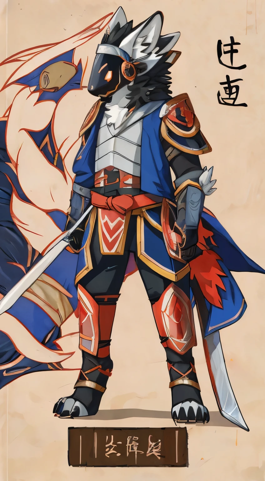 Protogen, samurai, sexy, blue cloak, samurai armor, Divided armor and sashimono, Kitsune-inspired armor, Sengoku period art style, sword