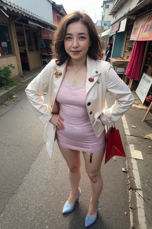 （high-level image quality、hightquality、hight resolution、​masterpiece、detaileds、8K）、（a matural female)、（Crying face）、（wearing a big collar）、 (Brown long-haired)、（messy curly hair)、(lean body)、(small udder)、（Wearing lingerie）、(Wearing a garter belt)、 (Wearing a jacket)、 （wearing a micro miniskirt）、(Wearing pin heels)、(standing with hands on hips)、（Showing armpits)、(Holding something in your hand)、(The weather is cloudy、A dilapidated shopping street with no people)、（Things are scattered around:1.3)、(The background is cluttered)、