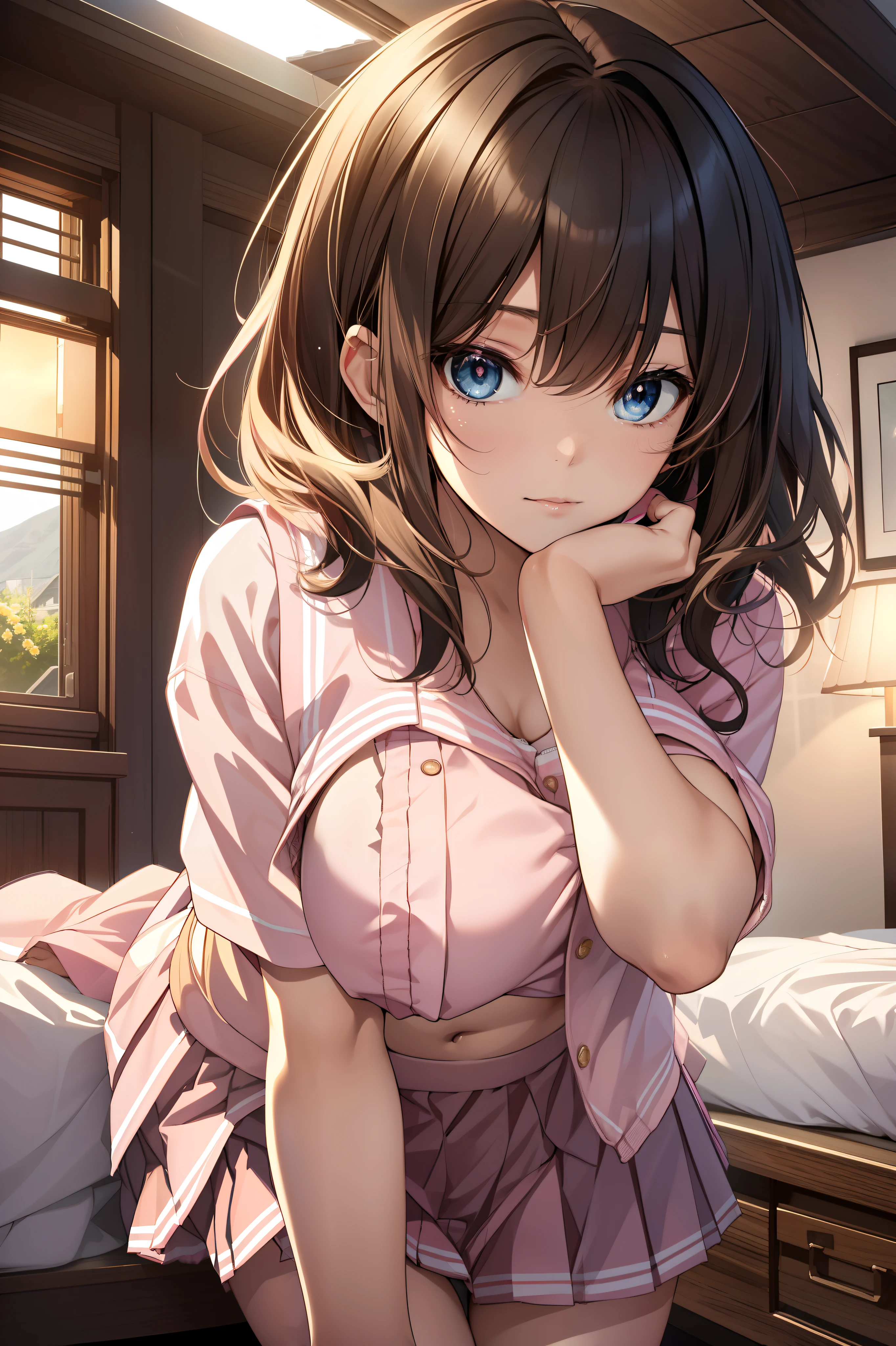 Long winds blow [Blue-black:.3] the hair,looking at viewert, (tmasterpiece:1.3), (8K, realisticlying, RAW photogr, Best quality at best: 1.4), japanes, (1 girl), pretty  face, (Realistic face),{wavy medium the hair|Bob with long bangs|short the hair with long banglack the hair|brown the hair|blonde the hair}, beautiful the hairstyle, realisticlying的眼睛, 美丽细致的眼睛, (realisticlying的皮肤), Beautiful skins, Attractive, 超高分辨率, hyper realisitc, The is very detailed, the golden ratio,Elegant, Beautiful illustration、top-quality、Cute little girl edrooms、A pink-the haired、length the hair、(((Pink pleated skirt)))、(((Pink sailor suit)))、short- sleeved、Colossal tits、a navel、Lift the skirt with your hands、Show off white underwear、Pull up the skirt to reveal the pantieareleged、eBlue eyes、on top of the bed、Lovely thighs、glowing thigh