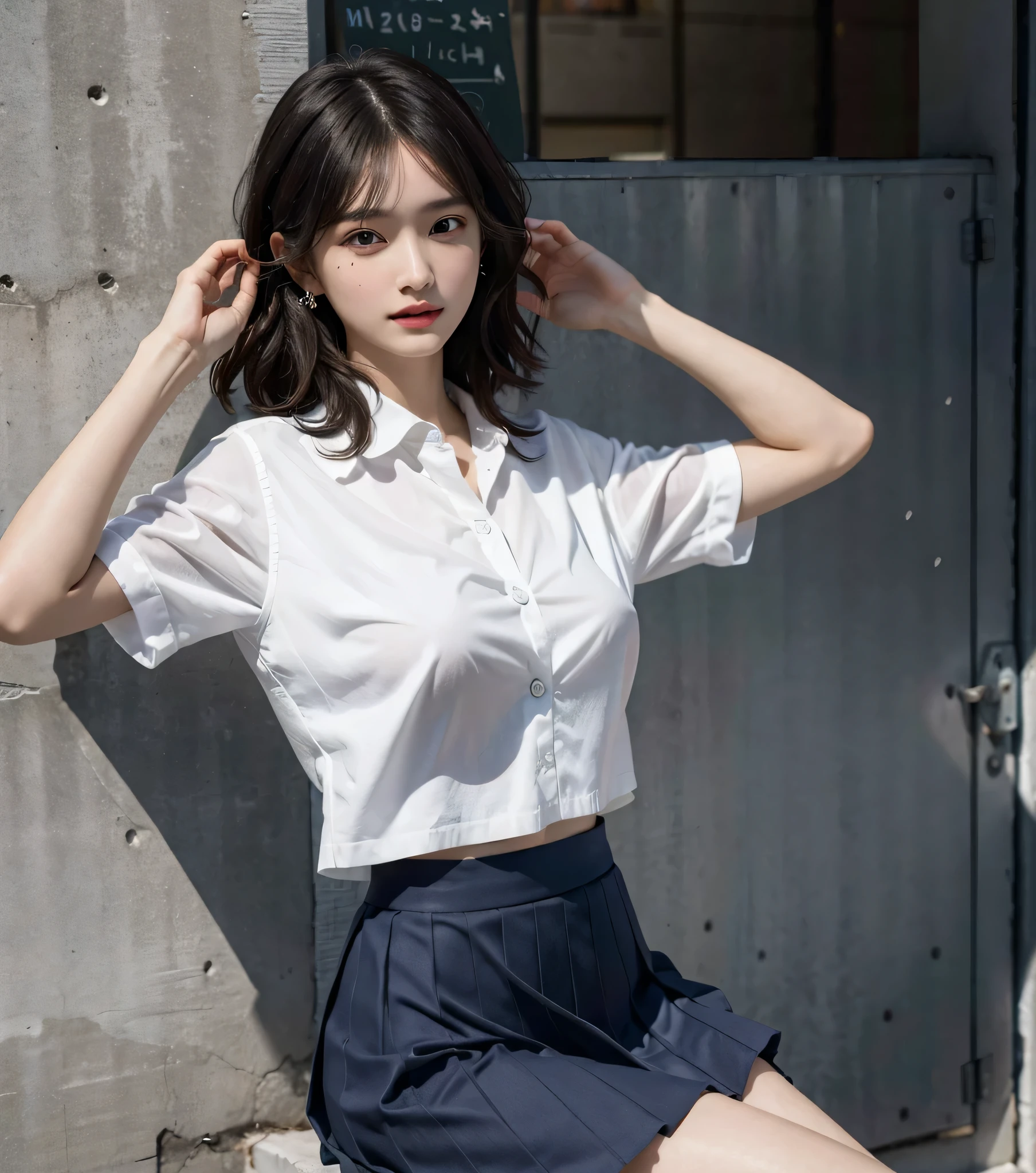 absurderes, Raw photo, Extremely delicate and beautiful, masutepiece, Best Quality, Ultra High Resolution, 16 K, hyper realisitic, Ultra-detailed, Perfect ???????, Ultra-detailed細なスキン, Perfect figure, Very detailed CG 8k wallpaper, in her 20s, Very slim body, Narrow waist, Very small head, Very small face, Delicate facial features, tear moles, Earring, thin legs, ((very massive round chest)), bright white hair, Blake Girls, ((Full body shot)), Short hair, Wavy Hair, ((School uniform)), Blazer, Skirt,