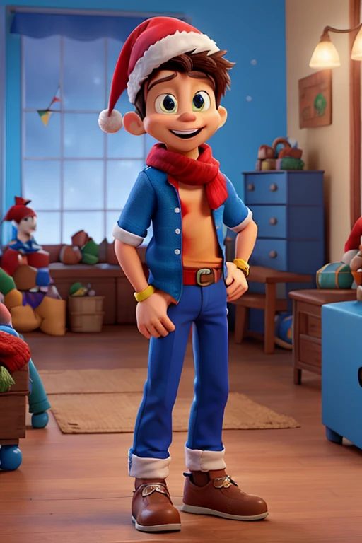 Um garoto com blusa do Sonic , blue pants , with a red scarf and a Santa hat with a Disney pixar title