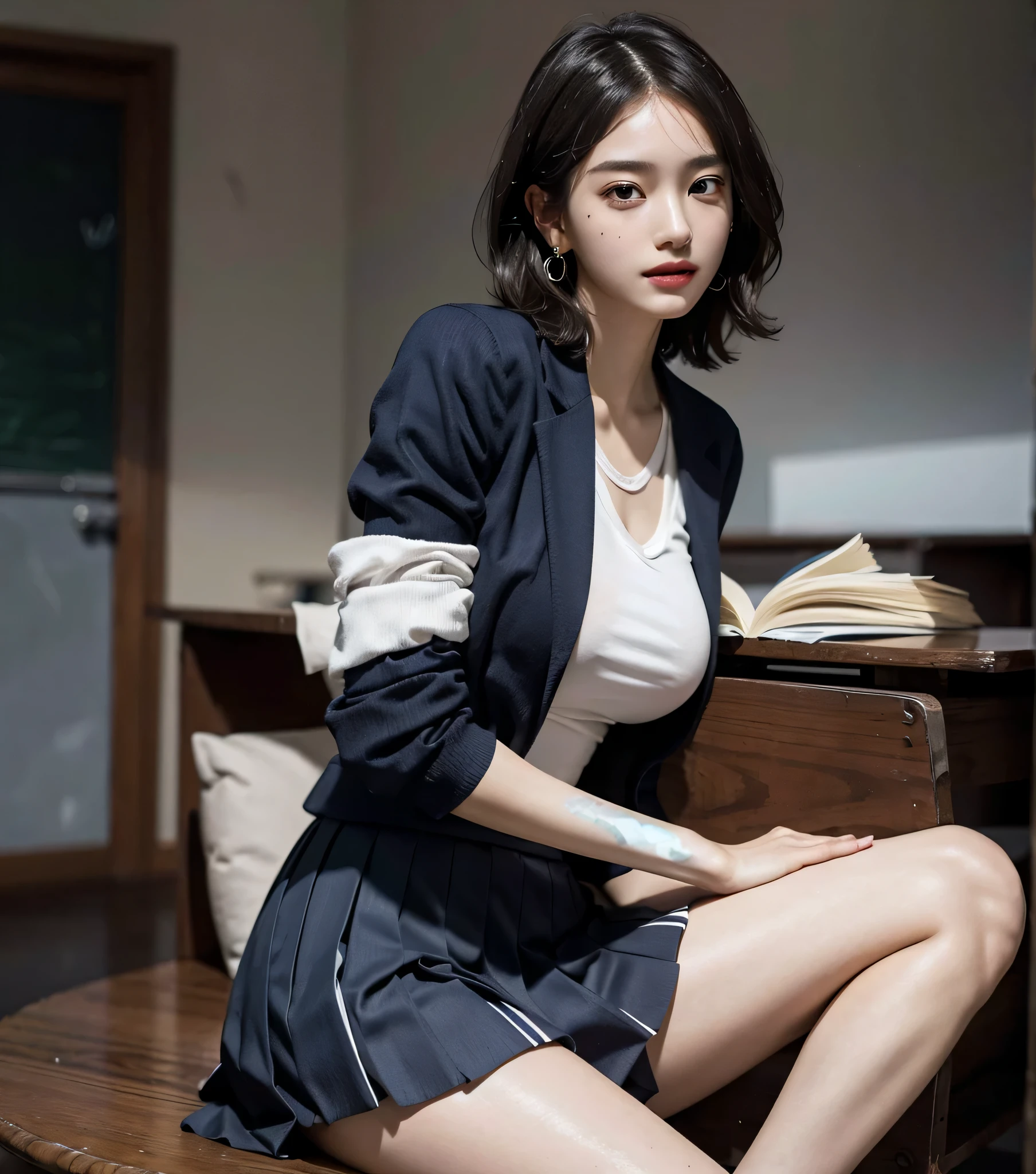 absurderes, Raw photo, Extremely delicate and beautiful, masutepiece, Best Quality, Ultra High Resolution, 16 K, hyper realisitic, Ultra-detailed, Perfect Anatomy, Ultra-detailed細なスキン, Perfect figure, Very detailed CG 8k wallpaper, in her 20s, Very slim body, Narrow waist, Very small head, Very small face, Delicate facial features, tear moles, Earring, thin legs, ((very massive round chest)), bright white hair, Blake Girls, ((Full body shot)), Short hair, Wavy Hair, ((School uniform)), Blazer, Skirt,