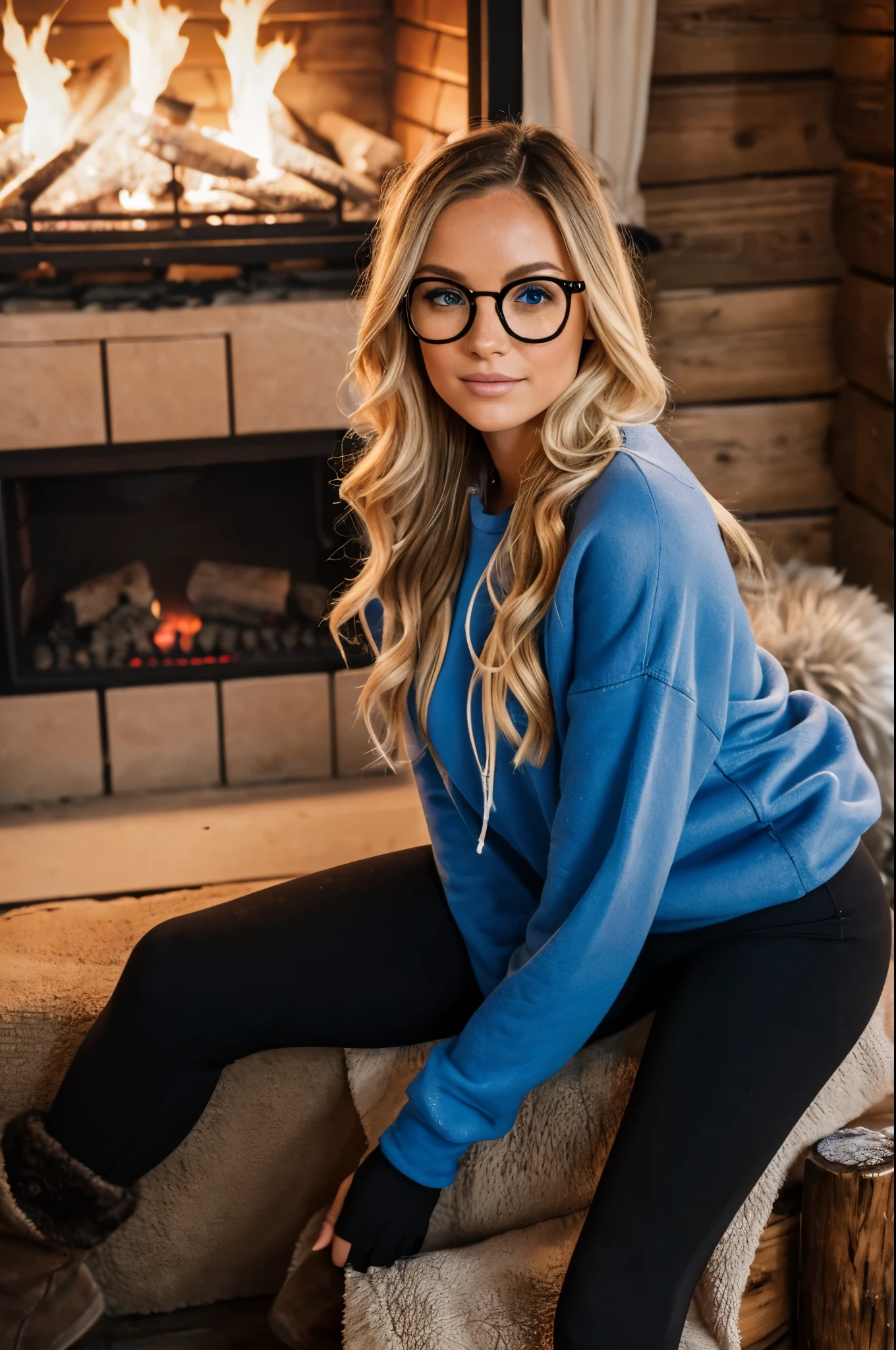 1woman, ombré blonde balayage hair, beautiful blue eyes, freckled face, beautifully detailed face, circle glasses, creame sweatshirt, seamless black leggings, fuzzy faux fur ugg boots, log cabin by fire place background, full body portrait.