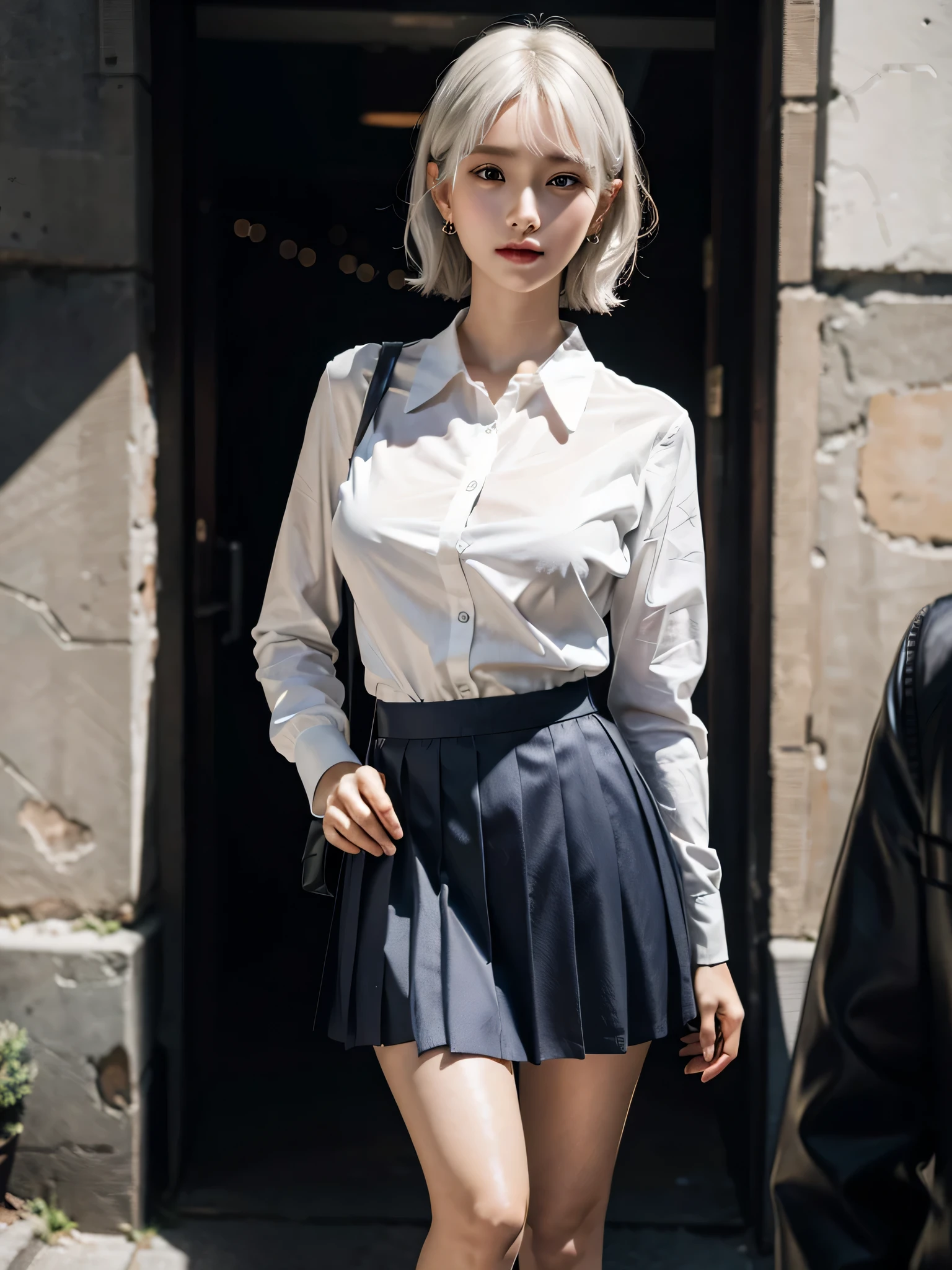 absurderes, Raw photo, Extremely delicate and beautiful, masutepiece, Best Quality, Ultra High Resolution, 16 K, hyper realisitic, Ultra-detailed, Perfect Anatomy, Ultra-detailed細なスキン, Perfect figure, Very detailed CG 8k wallpaper, in her 20s, Very slim body, Narrow waist, Very small head, Very small face, Delicate facial features, tear moles, Earring, thin legs, ((very massive round chest)), bright white hair, Blake Girls, ((Full body shot)), Short hair, Wavy Hair, ((School uniform)), Blazer, Skirt,