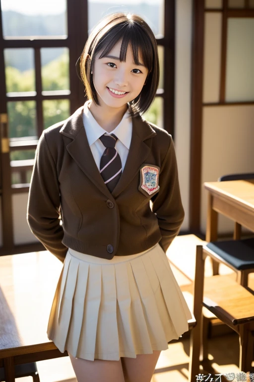 (((masterpiece))), (One beautiful Japan girl, classmates, landscape and innocence,kawaii) ,超A high resolution, Realistic, ultra-detailliert, 8K,top-quality, Extremely detailed, Detailed background,A slender,very beautiful japanese girl, Detailed face:1.3), (Boyish short-haired,A dark-haired :1.4), (a ,kawaii系,adorable 14 year oPerfect body:1.1), (Brown blazer, Light brown pleated mini skirt), Provocative smile,Show your beautiful teeth,rosy cheeks,Super Detailed Face、Detailed lips、A detailed eye、small gravure idol,Transparent skin、Lori,Japanese high school uniform with the school emblem on the chest, amazing, finely detail,(In the classroom), ((Full body shot)), Perfect Anatomy, Photorealsitic,Photography, Perfect Skin, Warm air,(beautiful thigh,Perfect feet with no discomfort),Expectations and anxieties,sexy pose looking at camera,Please show me a glimpse of your white panties,电影灯光