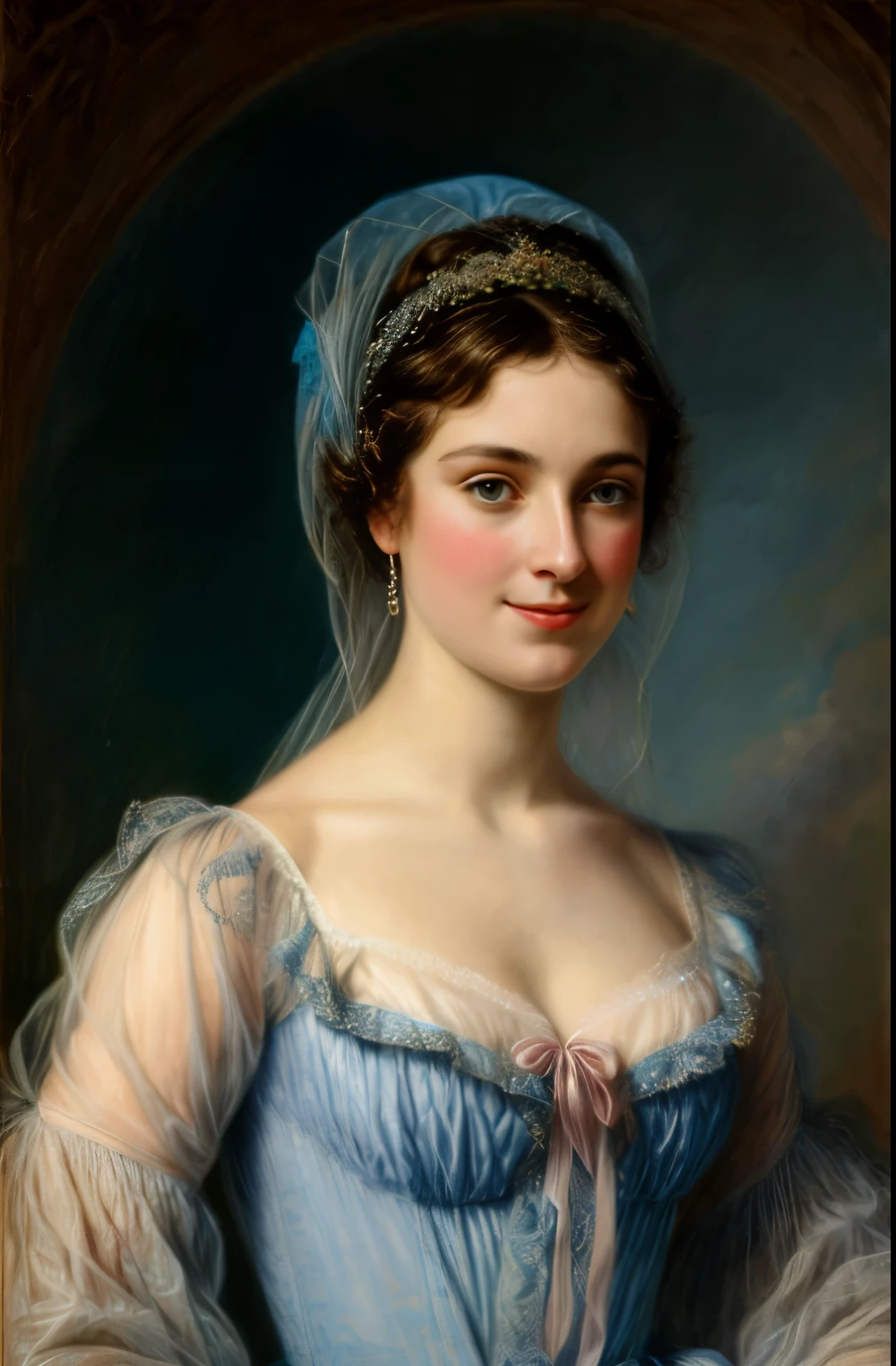 painting of a extremely gorgeous woman in a blue dress and a veil holding a rose, adelaide labille - guiard, inspired by Adélaïde Labille-Guiard, by Adélaïde Labille-Guiard, inspired by Élisabeth Vigée Le Brun, by Élisabeth Vigée Le Brun