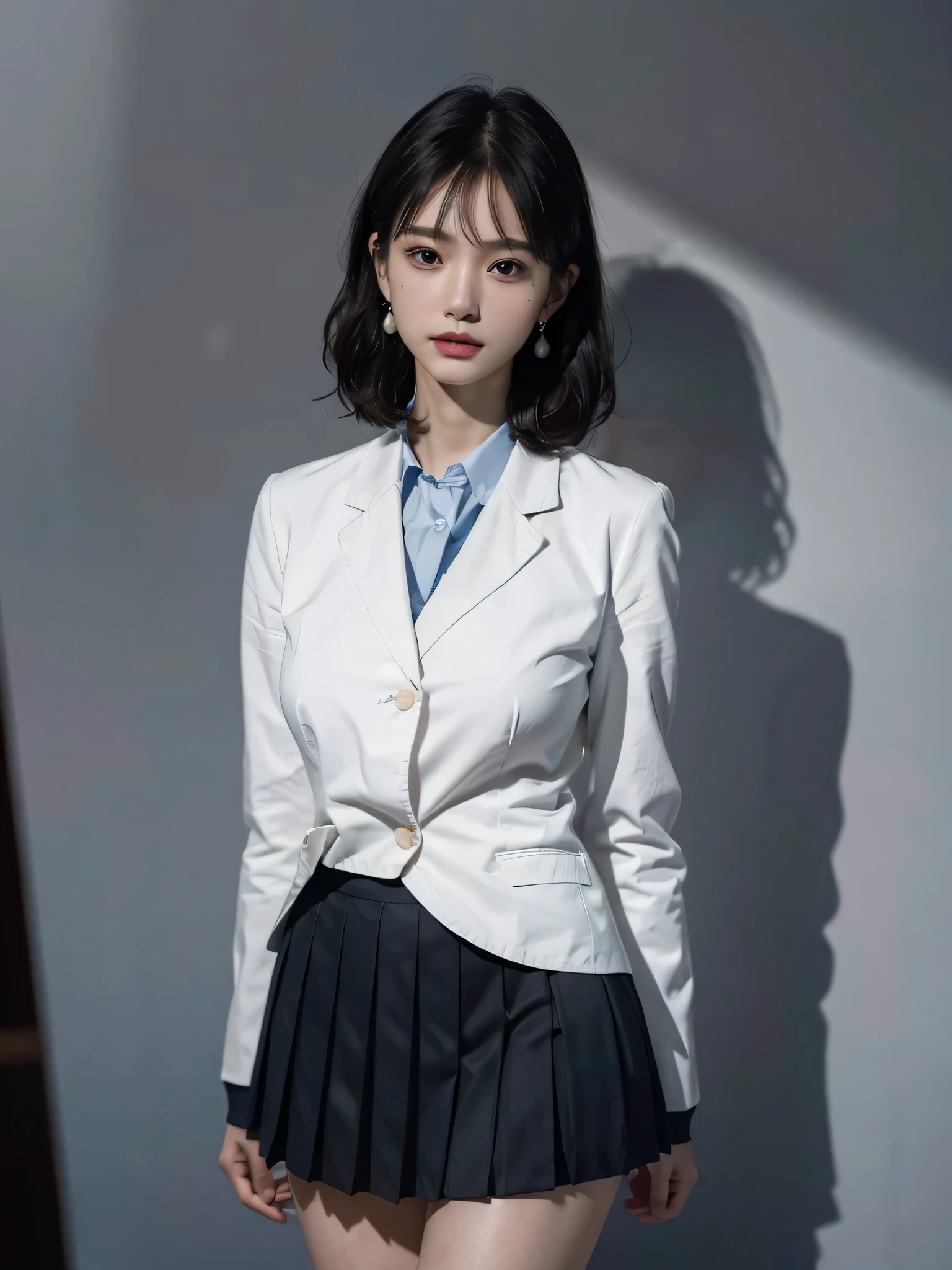 absurderes, Raw photo, Extremely delicate and beautiful, masutepiece, Best Quality, Ultra High Resolution, 16 K, hyper realisitic, Ultra-detailed, Perfect Anatomy, Ultra-detailed細なスキン, Perfect figure, Very detailed CG 8k wallpaper, in her 20s, Very slim body, Narrow waist, Very small head, Very small face, Delicate facial features, tear moles, Earring, thin legs, ((very massive round chest)), bright white hair, Girls, ((Full body shot)), Short hair, Wavy Hair, ((School uniform)), Blazer, Skirt,