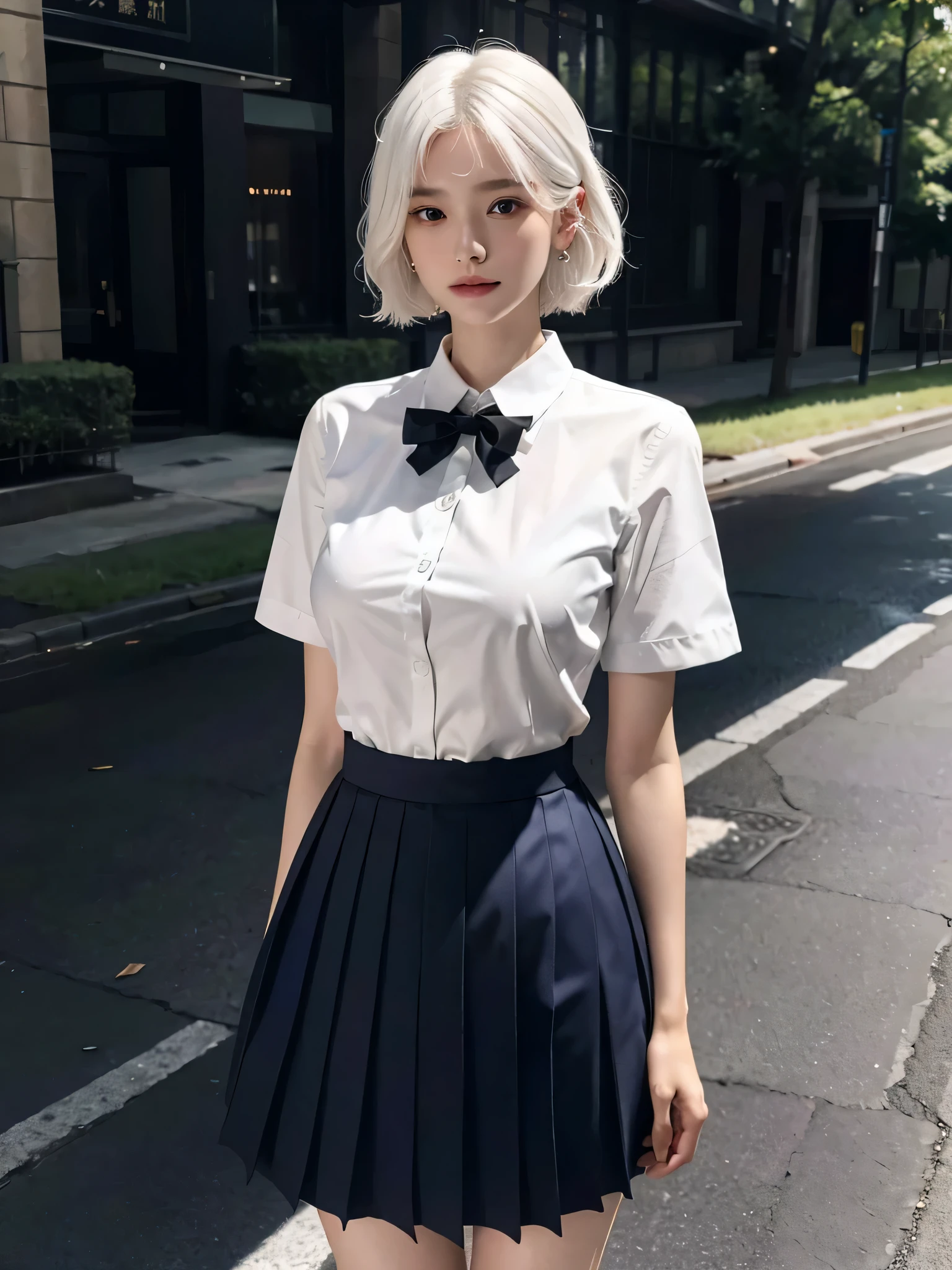 (RAW Photography、top-quality)、(realisitic)、(cat ear)、top-quality、masterpiece、extremely delicate and beautiful、ighly detailed、CG、Unity、2k wallpaper、detaile、masterpiece、top-quality、huge filesize、ultra-detailliert、hight resolution、ighly detailed、1girl in、Slim body、(short sleeved shirt:1.1)、(uniformss:1.1)、(pleatedskirt:1.1)、porcelain skin、(white hair)、(hair adornments)、see the beholder、close up of face、straight haired、 extra detailed face, extremely detailed eye, seducting smile, Sateen ,
