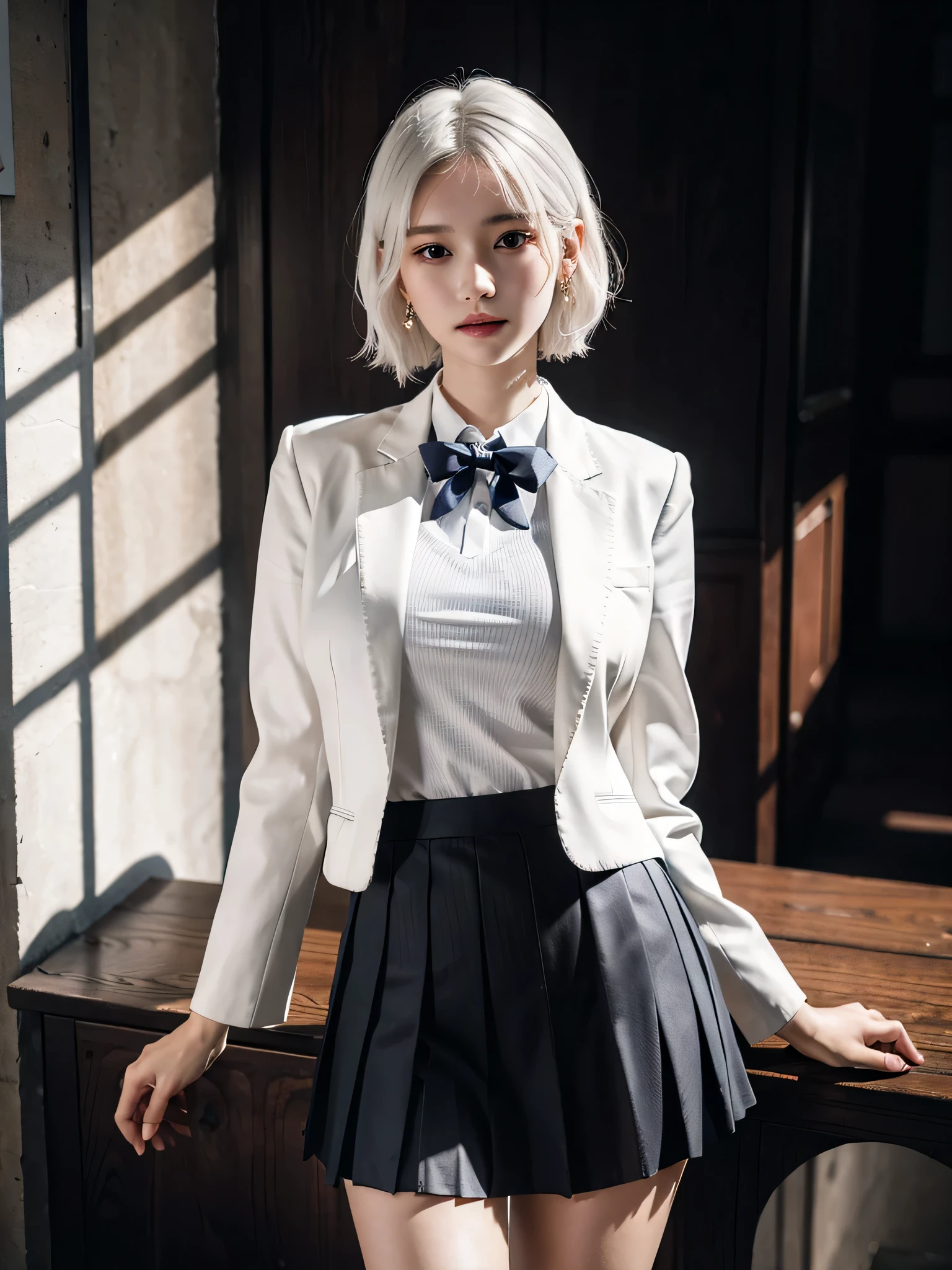 absurderes, Raw photo, Extremely delicate and beautiful, masutepiece, Best Quality, Ultra High Resolution, 16 K, hyper realisitic, Ultra-detailed, Perfect ???????, Ultra-detailed細なスキン, Perfect figure, Very detailed CG 8k wallpaper, in her 20s, Very slim body, Narrow waist, Very small head, Very small face, Delicate facial features, tear moles, Earring, thin legs, ((very massive round chest)), bright white hair, Girls, ((Full body shot)), Short hair, Wavy Hair, ((School uniform)), Blazer, Skirt,