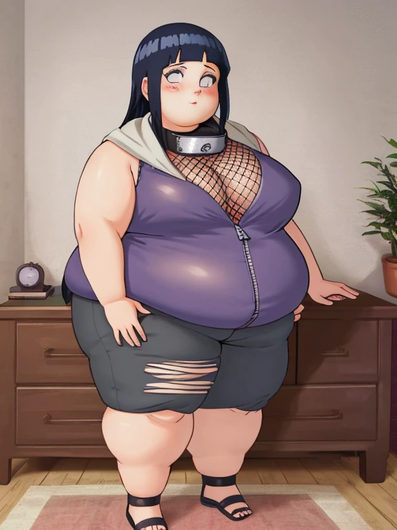 Masterpiece, highres, high Quality, detailed face, detailed body render, obese 1girl, solo, obesehyuuga hinata, hinata-sleeveless-outfit, large breasts, big breast, sleeveless shirt, fishnet top, dark lips, unzipped jacket, no bra, obese belly, thick thighs, fat arms, fat butt, big cheeks, cute and fat face, breasts out, nipple, standing, blushes, (on bedroom)