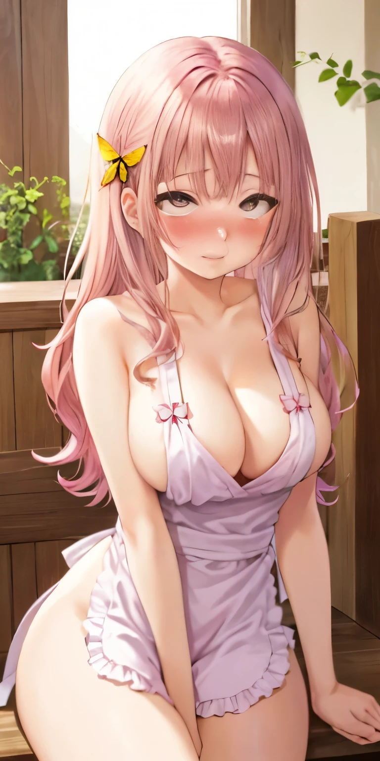 1girl, solo, nakano nino, pink hair, butterfly hair ornament, (naked:1.3), (white apron), large breasts, cleavage, thighs, cafe background, (blushing:1.3), nami