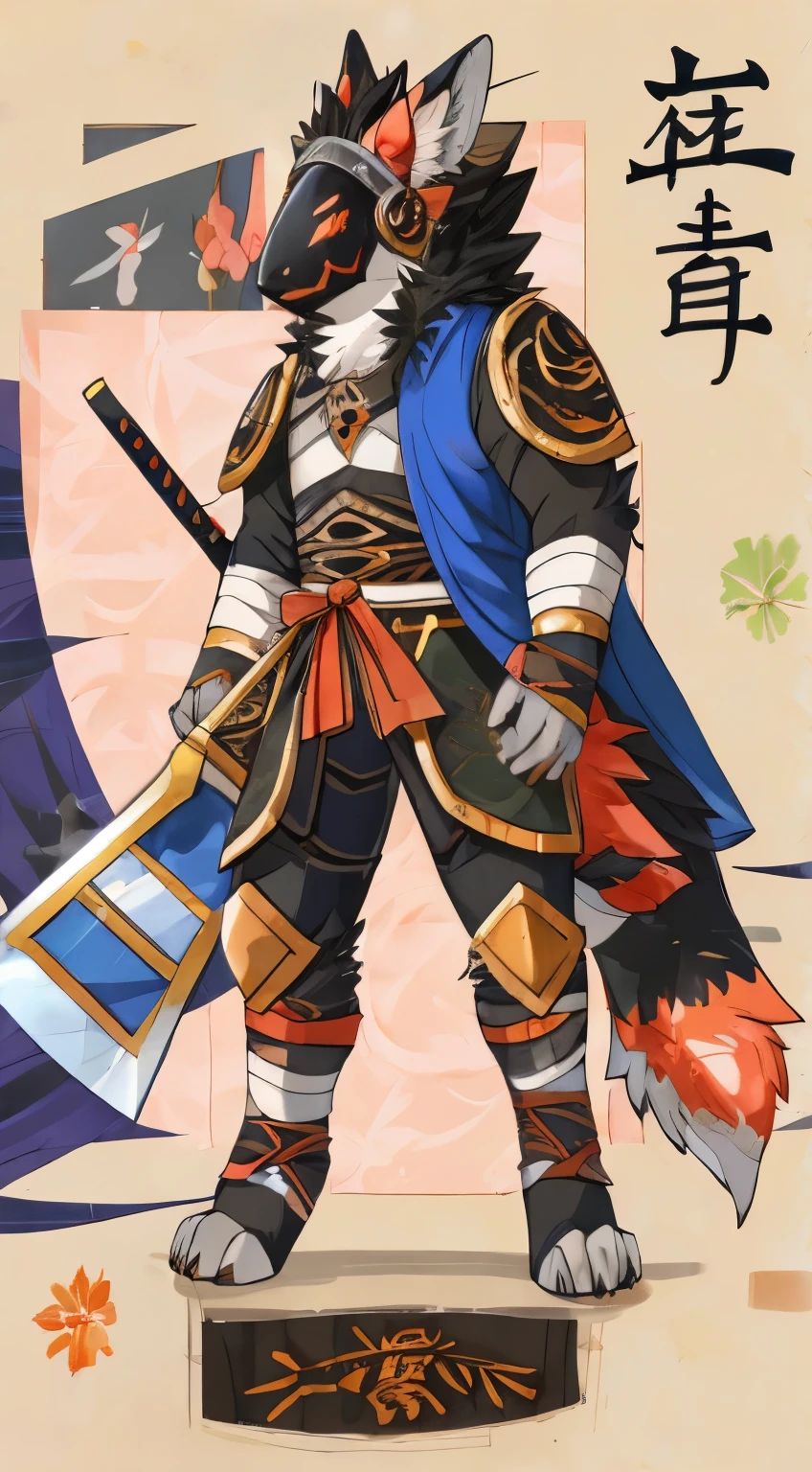 Japanese feel, Protogen, samurai, Sexy, blue cloak, samurai armor, Divided armor and sashimono, Kitsune-inspired armor, Sengoku period art style, sword