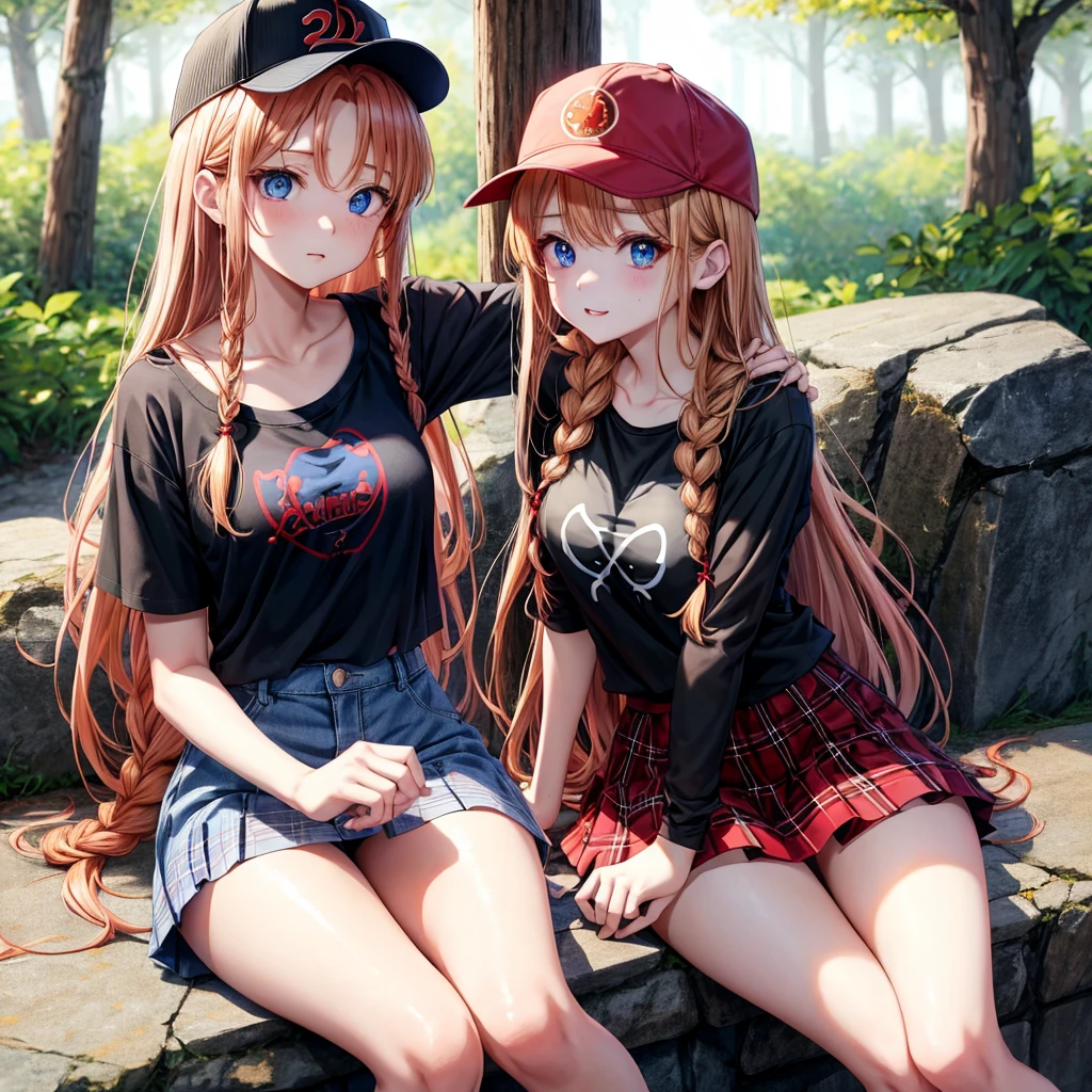 red blonde、blue eyess、Braids、one good looking girl、独奏、animesque、Plaid miniskirt、Black T-shirt、camisole、the woods、Sunlight、sitting on、Wearing a plaid baseball cap、bare-legged、Tilting your face、With a cheek cane