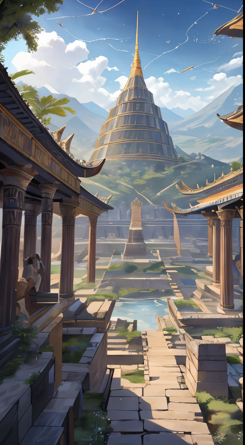 A mesmerizing landscape unfolds, merging the ancient allure of 1197 BC with the cutting-edge marvels of 3000. Celestial Nāgas, their serpentine forms adorned with futuristic elements, gracefully traverse a panorama that seamlessly blends ancient temples with towering, bio-dome covered metropolises.