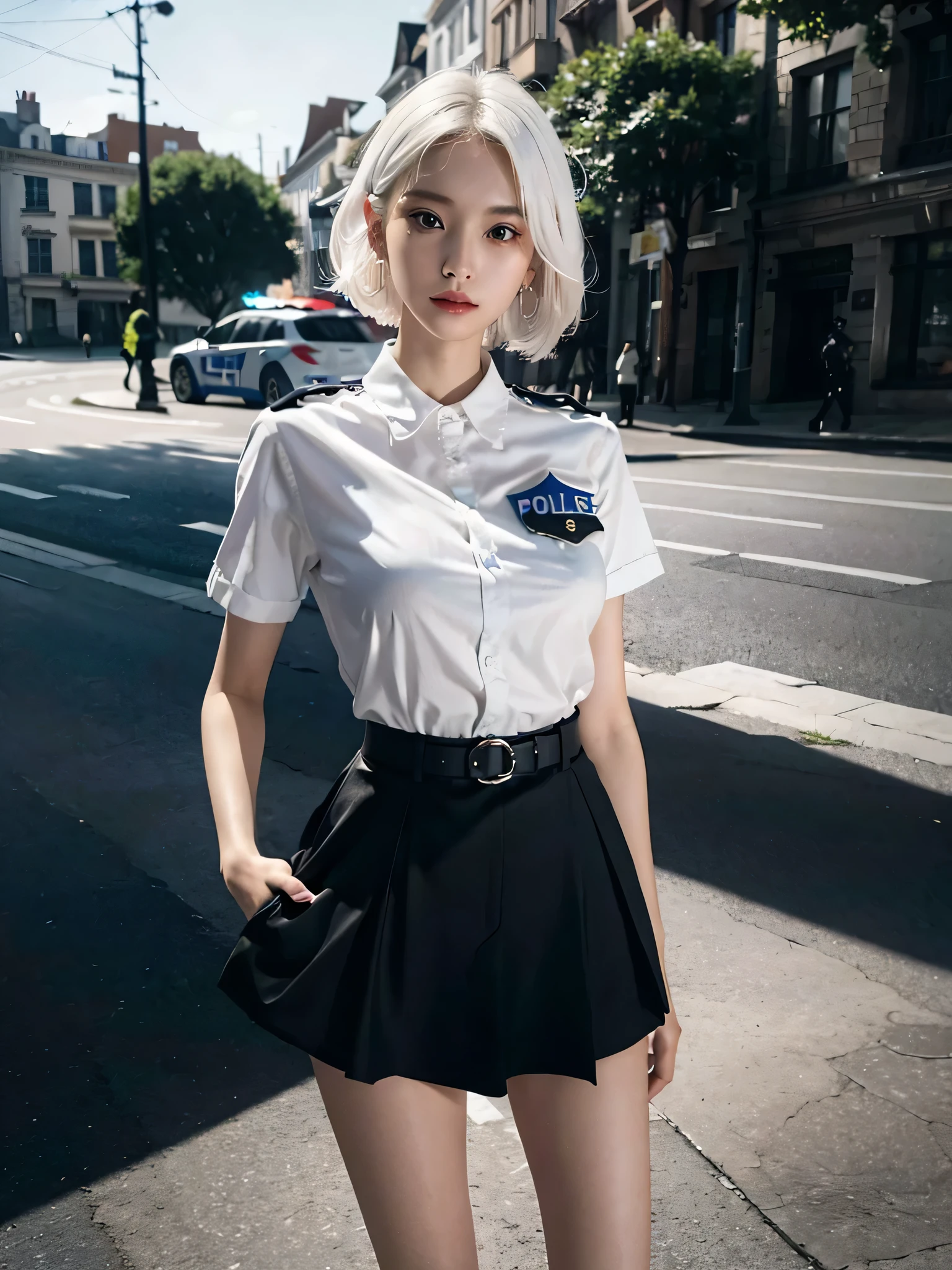 absurderes, Raw photo, Extremely delicate and beautiful, masutepiece, Best Quality, Ultra High Resolution, 16 K, hyper realisitic, Ultra-detailed, Perfect Anatomy, Ultra-detailed細なスキン, Perfect figure, Very detailed CG 8k wallpaper, in her 20s, Very slim body, Narrow waist, Very small head, Very small face, Delicate facial features, tear moles, Earring, thin legs, ((very massive round chest)), bright white hair, Girls, ((Full body shot)), Short hair, Wavy Hair, ((police officer uniform)), Skirt,