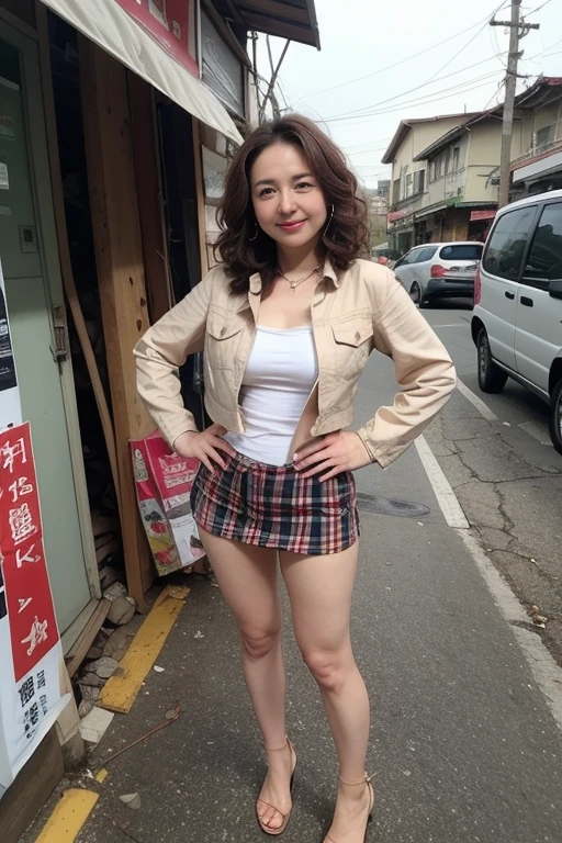（high-level image quality、hightquality、hight resolution、​masterpiece、detaileds、8K）、（a matural female)、（Crying face）、（wearing a big collar）、 (Brown long-haired)、（messy curly hair)、(lean body)、(small udder)、（Wearing lingerie）、(Wearing a garter belt)、 (Wearing a jacket)、 （She is wearing a checked micro miniskirt.）、(Wearing pin heels)、(standing with hands on hips)、（Showing armpits)、(Holding something in your hand)、(The weather is cloudy、A dilapidated shopping street with no people)、（Things are scattered around:1.3)、(The background is cluttered)、