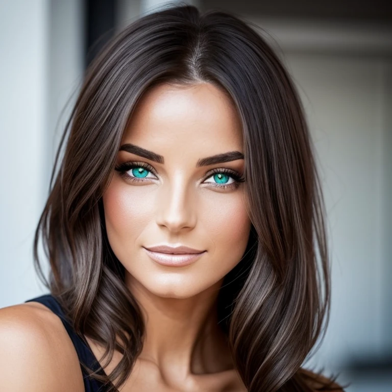une femme, cheveux raides, cheveux de couleur noire, Yeux verts, nez pointu, peau blanche, fond blanc, vue de face, Cheveux détachées, sexy