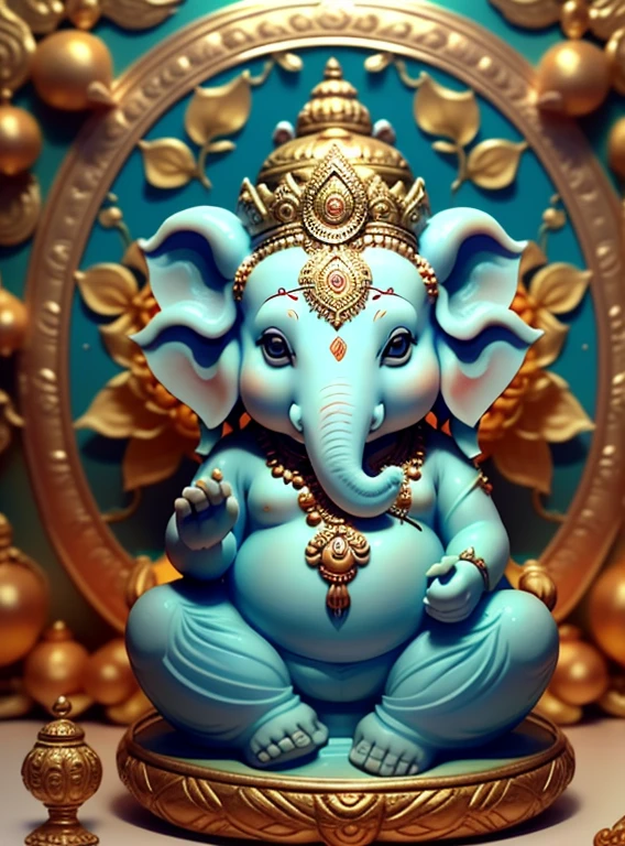 Let&#39;s create a charming image of baby Ganesha in the shape of a resin decorative object, incorporating lovely traits and spiritual elements. Use the commands below to guide the AI in generating this unique representation:

Adorable Baby Ganesha:
"Draw baby Ganesha in an adorable way, with delicate proportions and soft expression, conveying innocence and charm."

Resin Decorative Object:
"Represent baby Ganesha as a resin decorative object, com detalhes realistas que destacam a textura suave e brilhante da resina."

Postura Cativante:
"Place baby Ganesha in a captivating posture, such as sitting in a relaxed position or holding your traditional attributes in a delicate manner."

Detalhes Espirituais:
"Incorpore elementos espirituais associados a Ganesha, like the presence of its trunk, the distinct ears and symbolic attributes that identify it."

Cores Vibrantes e Sutis:
"Use vibrant, subtle colors that evoke a sense of joy and spirituality, highlighting the details of baby Ganesha."

Textura Realista da Resina:
"Add realistic texture to resin, capturing the characteristic glossy and smooth appearance of this decorative material."

Base Decorativa:
"Create a decorative base for baby Ganesha, talvez com ornamentos florais, auspicious symbols or patterns that complement the image."

Luz Suave e Destaques Brilhantes:
"Finish the image with soft lighting that highlights details and shines in strategic areas, highlighting the beauty of the resin representation."