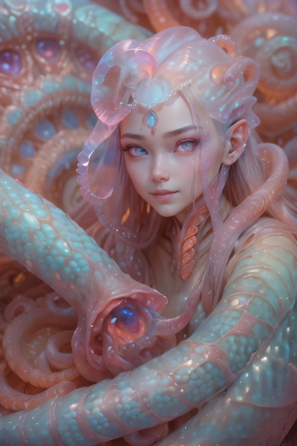 Portrait, (beautiful female alien:1.2), (There is a female genital-like organ in the middle of the forehead:1.8), (The most beautiful face in the history of the universe:1.2), (scarlet eyes:1.6), (Translucent skin:1.8), an evil gaze that seduces , (red eyes:1.5), Full body like, (bio luminescent:1.2), (Smile wickedly:1.3), (sexypose:1.5), alien, No humans, cells are fused, (Lots of translucent tentacles:1.1) (Translucent skin:1.3), extraterrestrial, cell, bio image, 魅惑的, Best Quality, 8K,4K_quality, High Definition, Dramatic Lighting, masutepiece:1.5,cinematic quality, detail up, (Intricate details:1.2), High resolution, High Definition, drawing faithfully, (Thick eyebrows:1.2), Beautiful eyes with fine symmetry, (Ultra detailed eyes:1.2),(Highly detailed face and eyes:1.2), (High-resolution red-eye:1.4), Intimate face, (Super detailed skin quality feeling:1.4), Perfect Anatomy, (Beautiful toned body:1.5), (Moist skin:1.2), No makeup, (dark circles:1.1), long canines, cinematic drawing of characters, ultra high quality model, cinematic quality, detail up, (Intricate details:1.2), High resolution, High Definition, drawing faithfully, Official art, Unity 8K wall , 8K Portrait, Best Quality, Very High resolution, ultra detailed artistic photography, midnight aura, unreal enginee 5, Ultra Sharp Focus, art by alberto seveso, ArtGerm, Roisch, intricate artwork, Medusa, best quality, masutepiece, ultra High resolution, (photos realistic:1.4), Ultra-realistic realism, dream-like, nautilus, Creation of fantasy, Snail, Dream Snail, biopunk nautilus, Thrilling color schemes, Ultra-realistic realism, seductively smiling, Blue tentacles